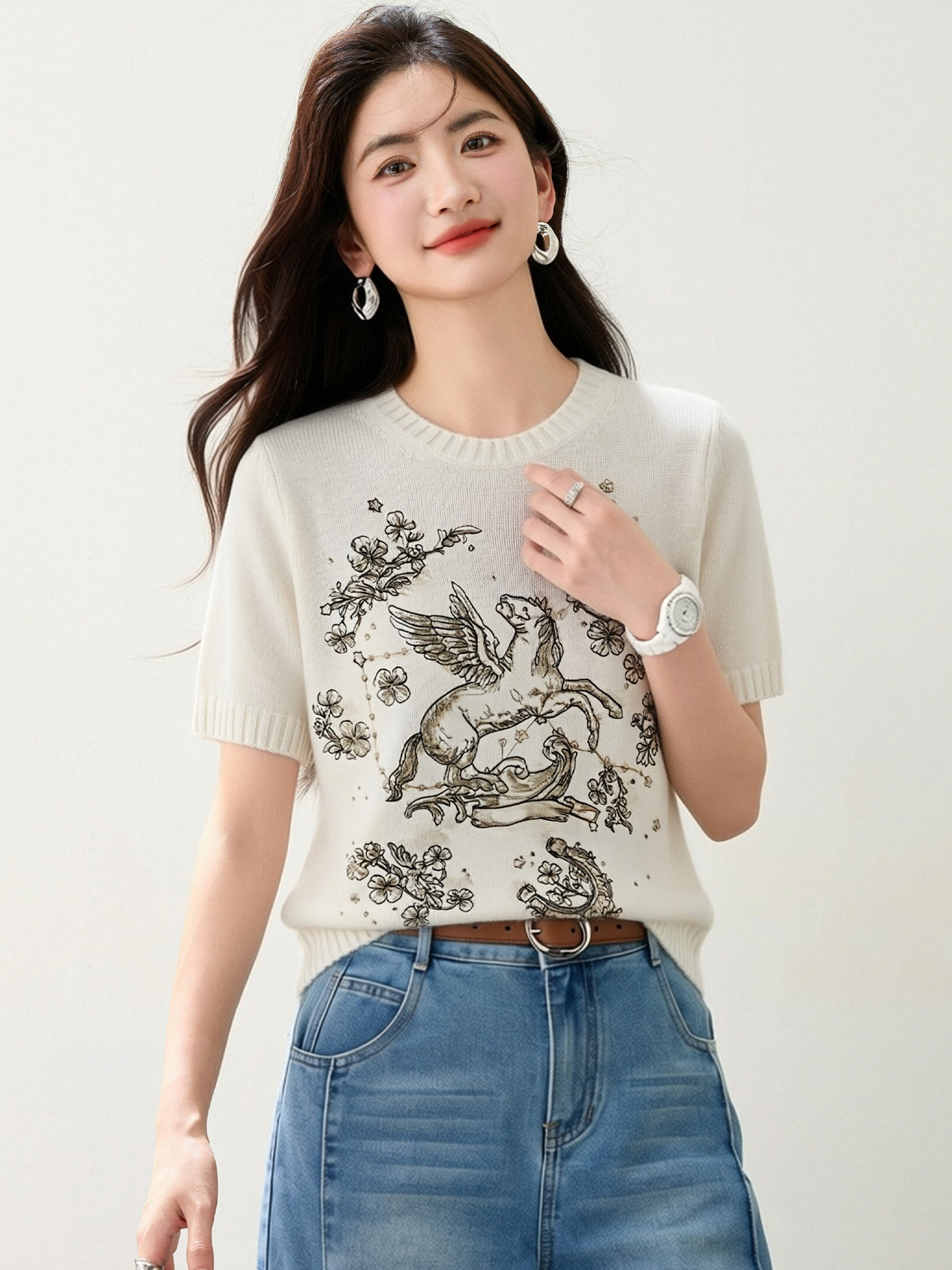 實拍◆有◆2026減齡圓領重工刺繡正肩針織短袖女別致新款顯瘦上衣