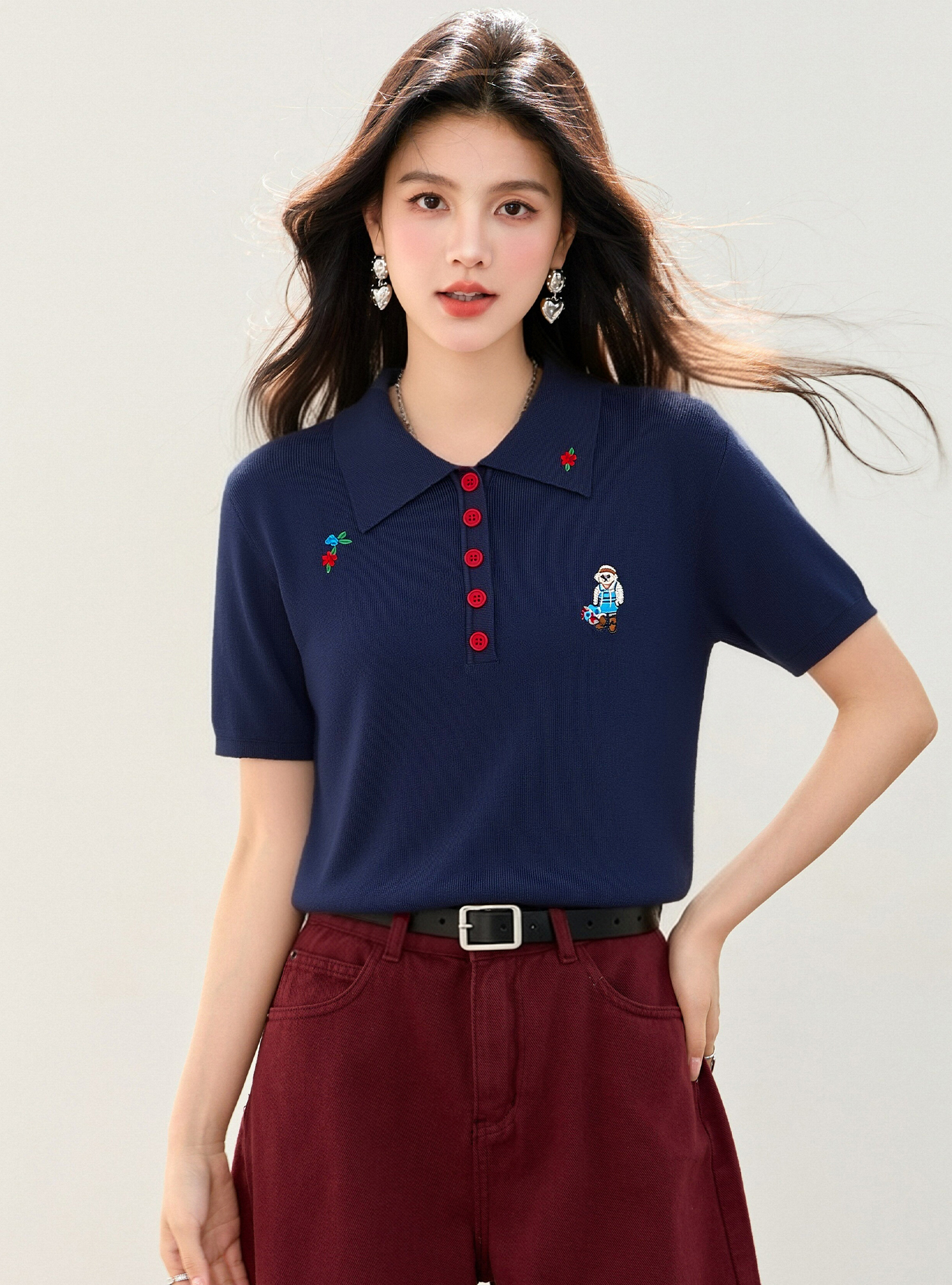 實拍◆有◆2026夏季卡通小熊刺繡翻領短袖顯瘦POLO衫上衣