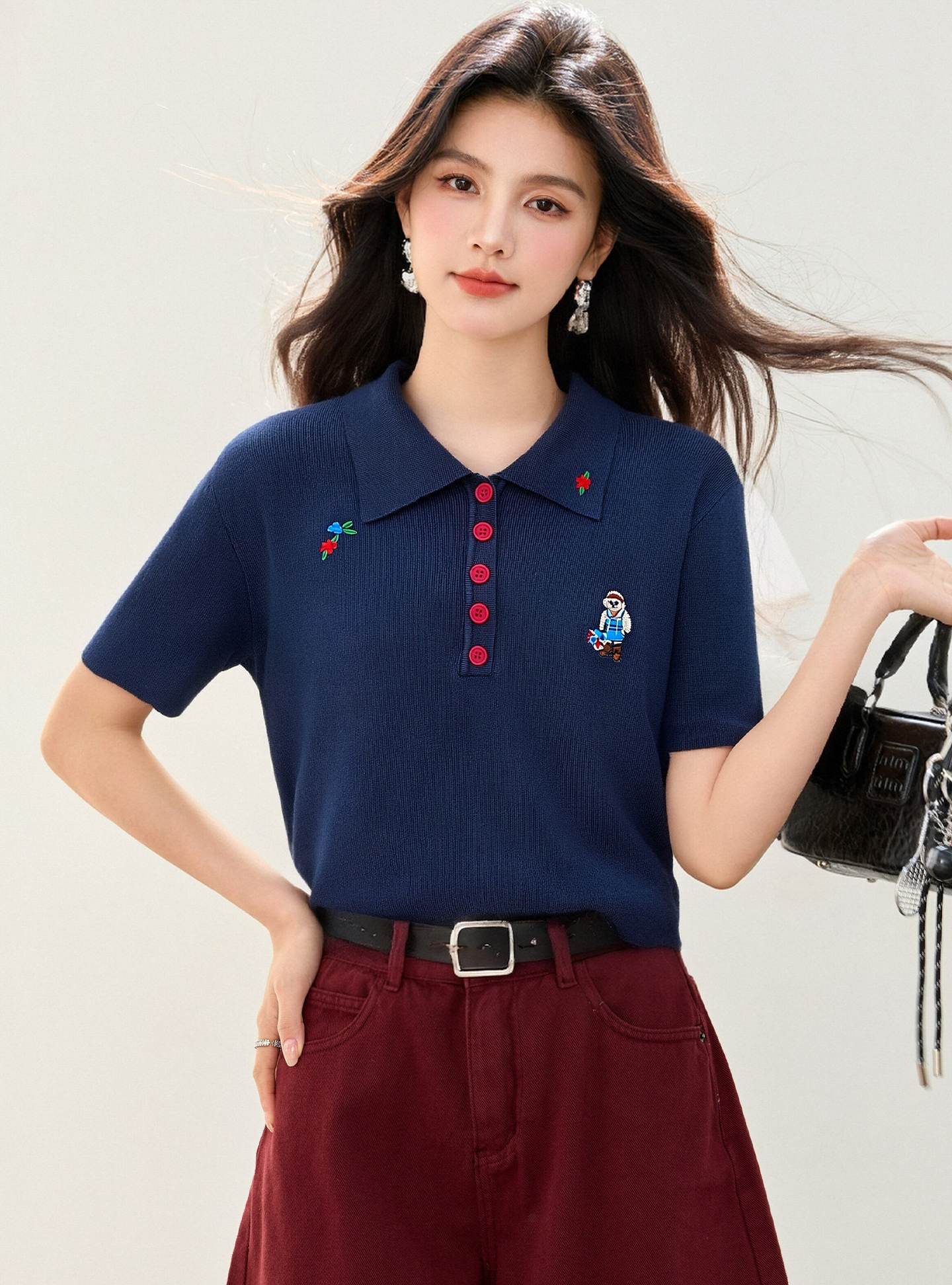 實拍◆有◆2026夏季卡通小熊刺繡翻領短袖顯瘦POLO衫上衣