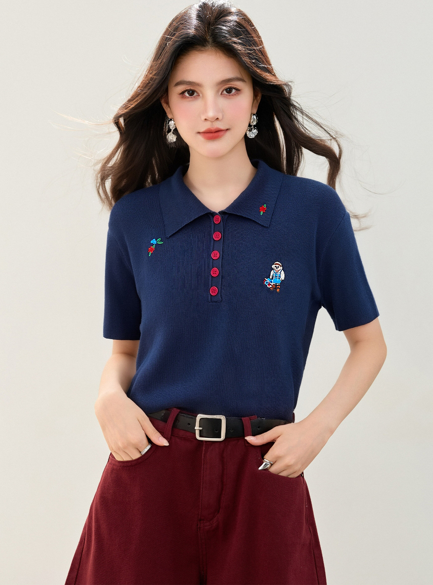 實拍◆有◆2026夏季卡通小熊刺繡翻領短袖顯瘦POLO衫上衣