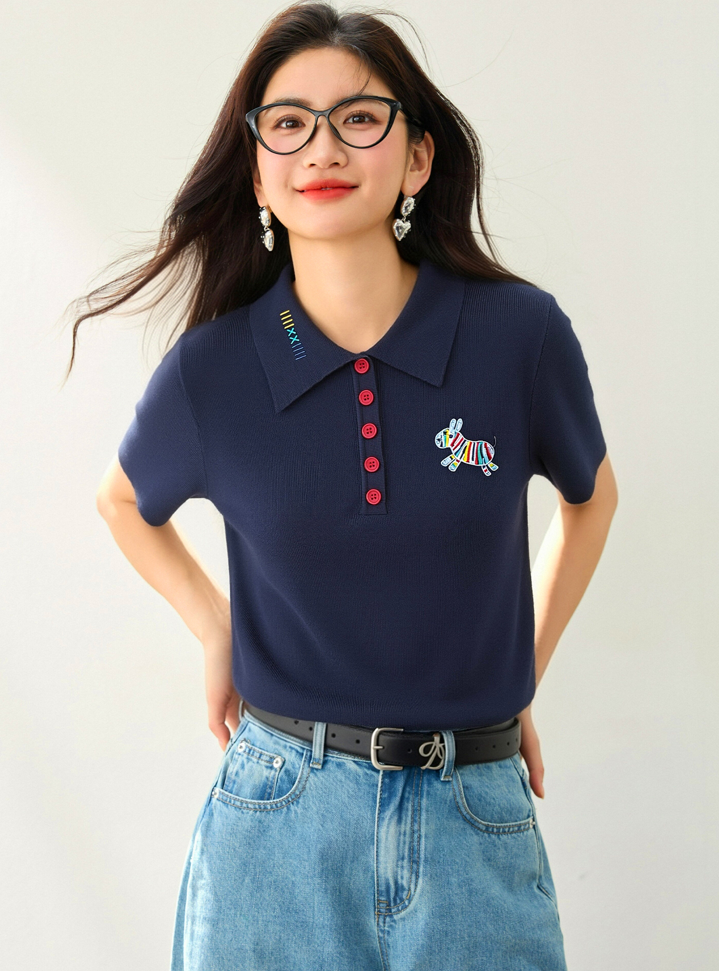 實拍◆有◆2026夏季藏藍色彩虹小狗Polo領冰絲短袖女夏季小眾上衣