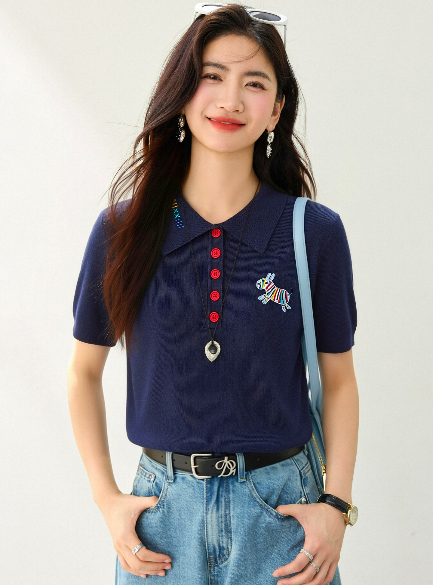 實拍◆有◆2026夏季藏藍色彩虹小狗Polo領冰絲短袖女夏季小眾上衣