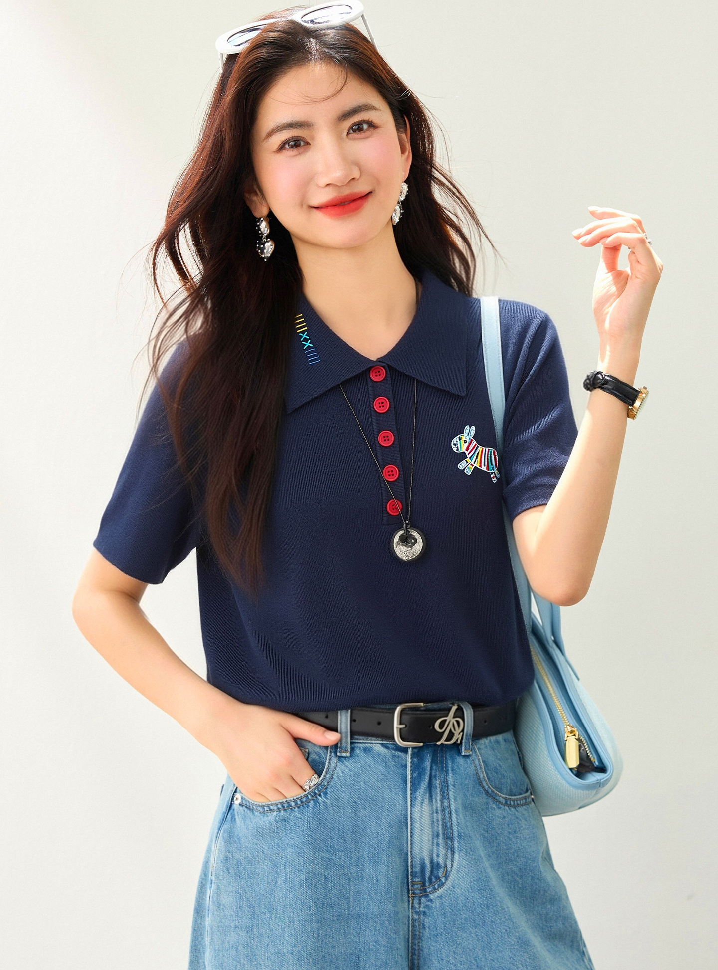 實拍◆有◆2026夏季藏藍色彩虹小狗Polo領冰絲短袖女夏季小眾上衣
