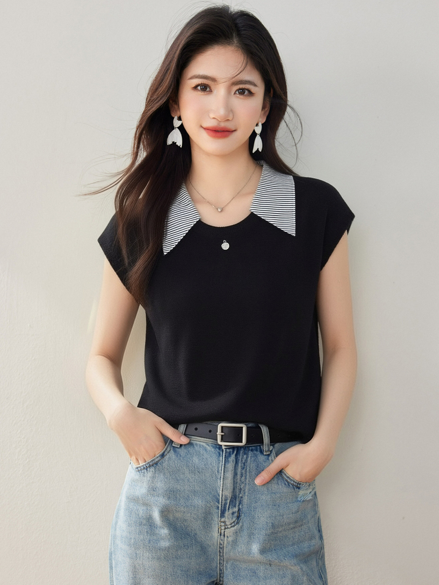 實拍◆有◆2026翻領拼色短袖針織衫女夏季新款寬松顯瘦百搭毛衣