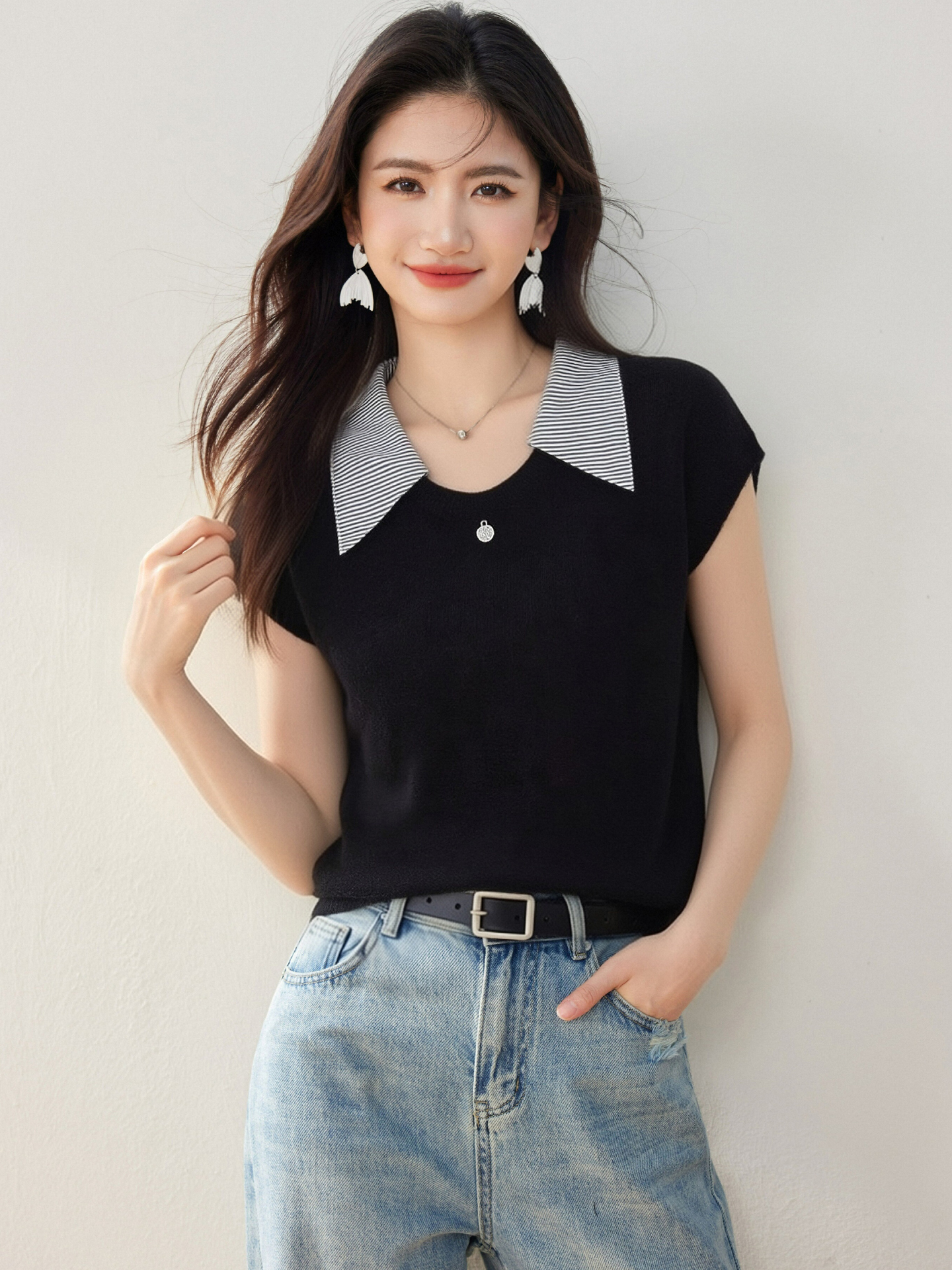 實拍◆有◆2026翻領拼色短袖針織衫女夏季新款寬松顯瘦百搭毛衣