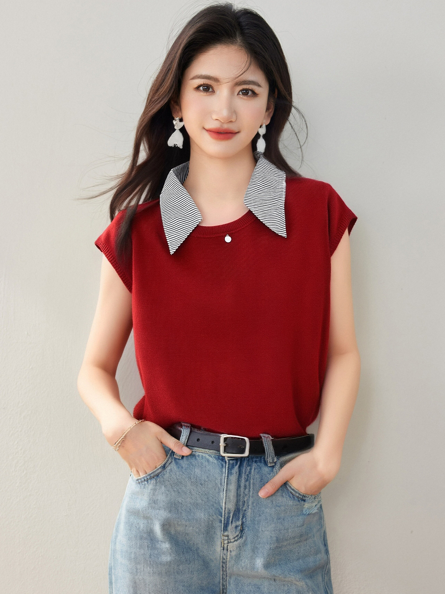 實拍◆有◆2026翻領拼色短袖針織衫女夏季新款寬松顯瘦百搭毛衣