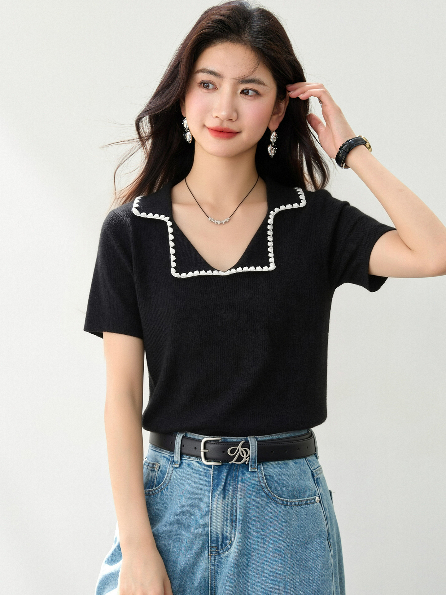 實拍◆有◆2026夏季韓系撞色翻領短袖針織衫女洋氣別致百搭上衣