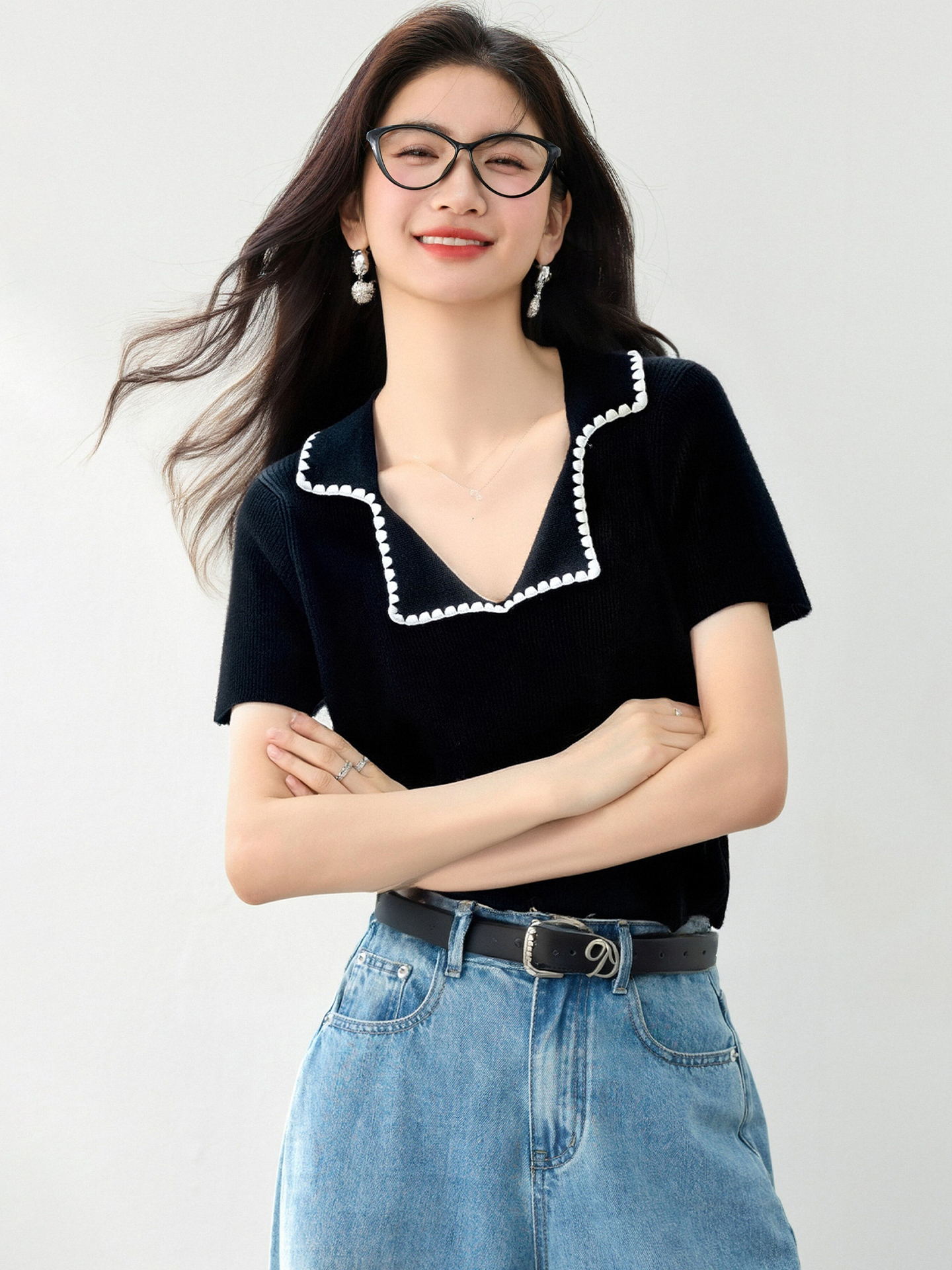 實拍◆有◆2026夏季韓系撞色翻領短袖針織衫女洋氣別致百搭上衣