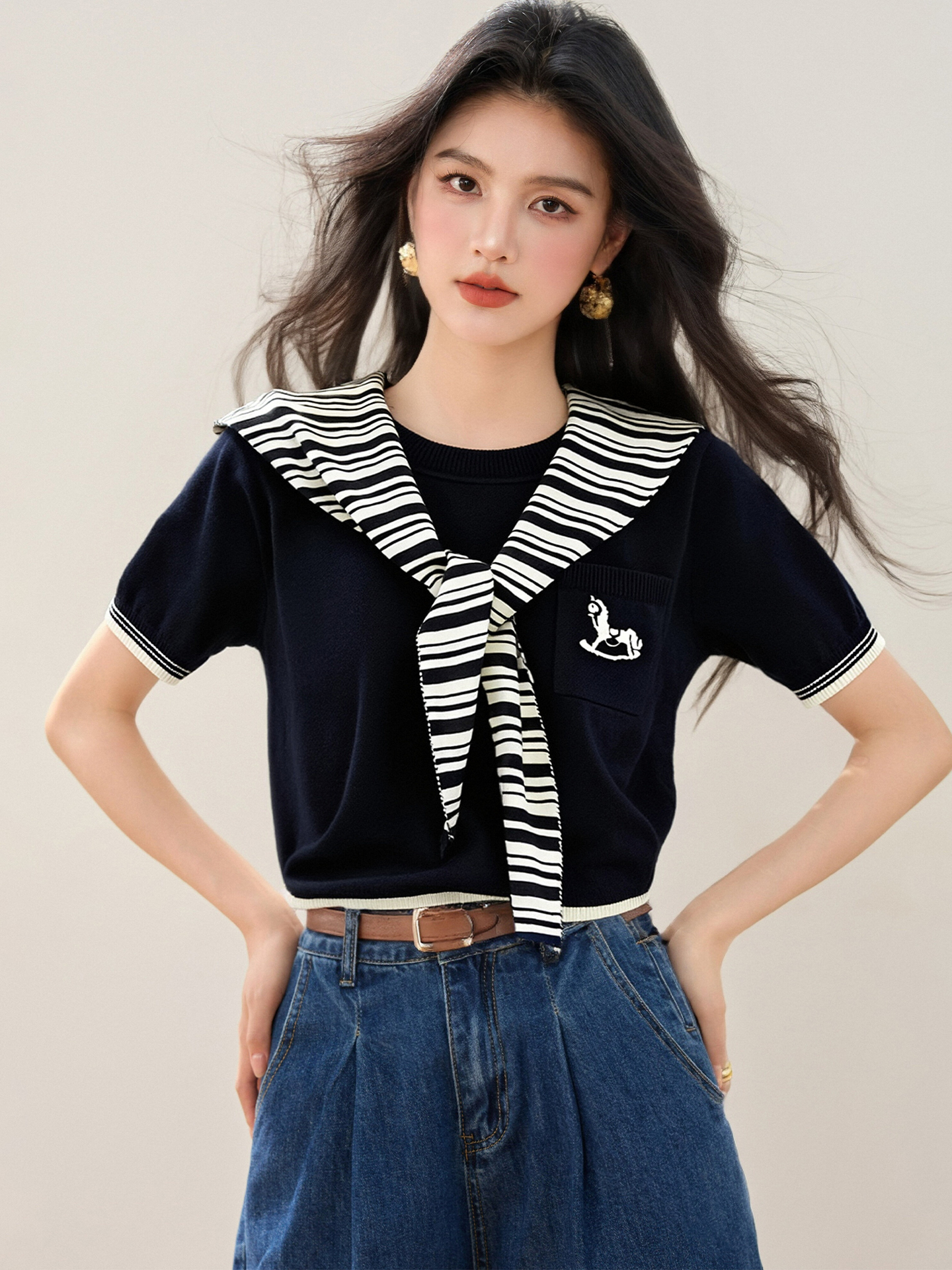 實拍◆有◆2026條紋披肩短袖女夏秋季新款學院風百搭減齡舒適上衣