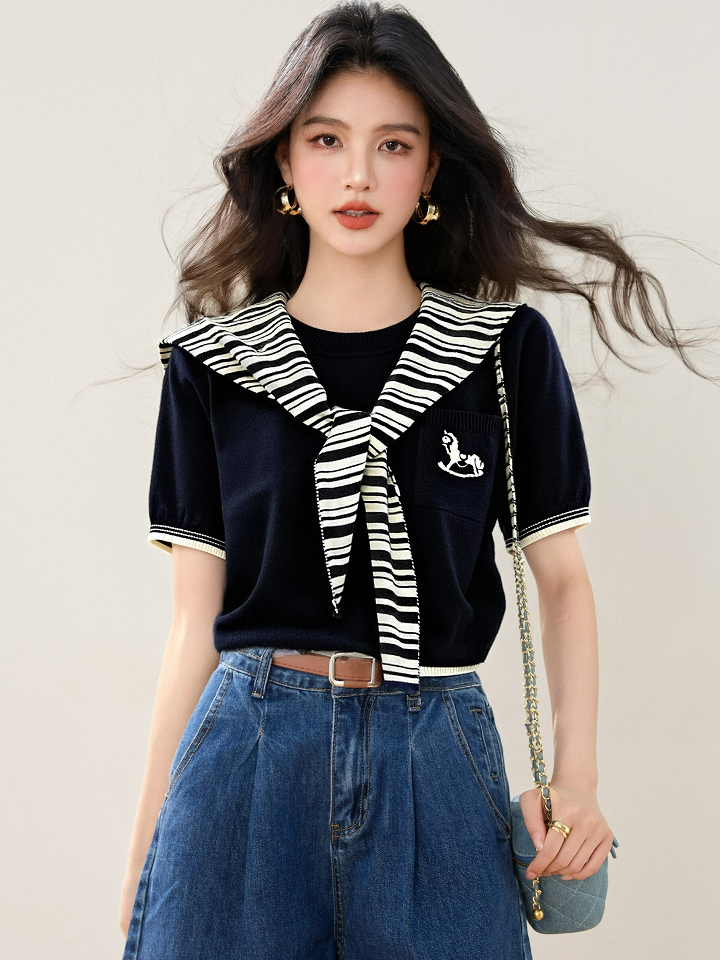 實拍◆有◆2026條紋披肩短袖女夏秋季新款學院風百搭減齡舒適上衣