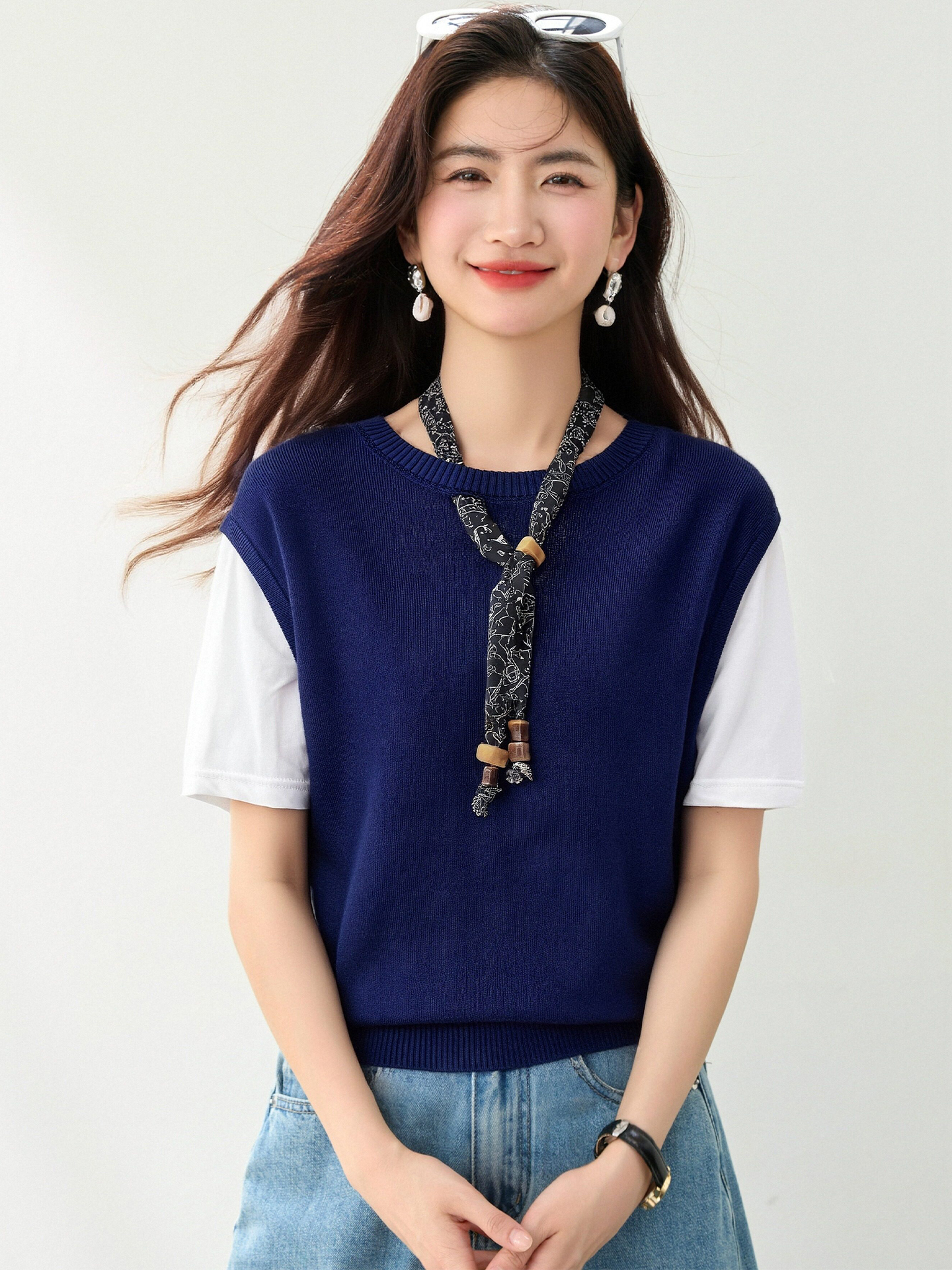 實拍◆有◆2026夏季配絲巾抽繩設計感小眾寬松顯瘦針織上衣女夏季