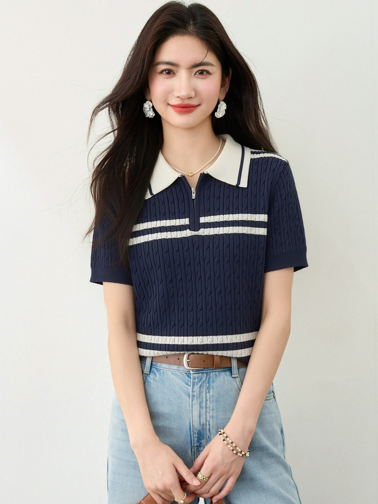 實拍◆有◆2026年夏季圓領撞色時尚百搭氣質修身針織衫上衣女