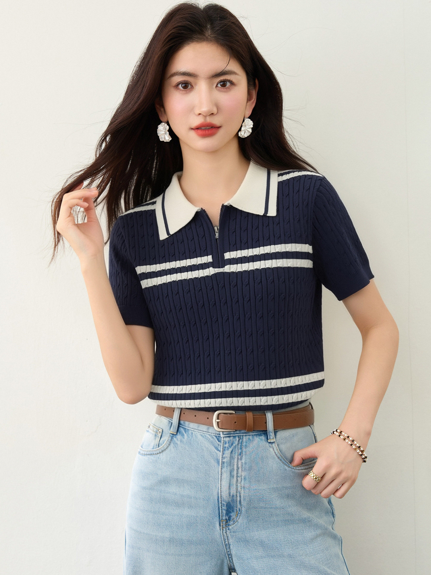實拍◆有◆2026年夏季圓領撞色時尚百搭氣質修身針織衫上衣女