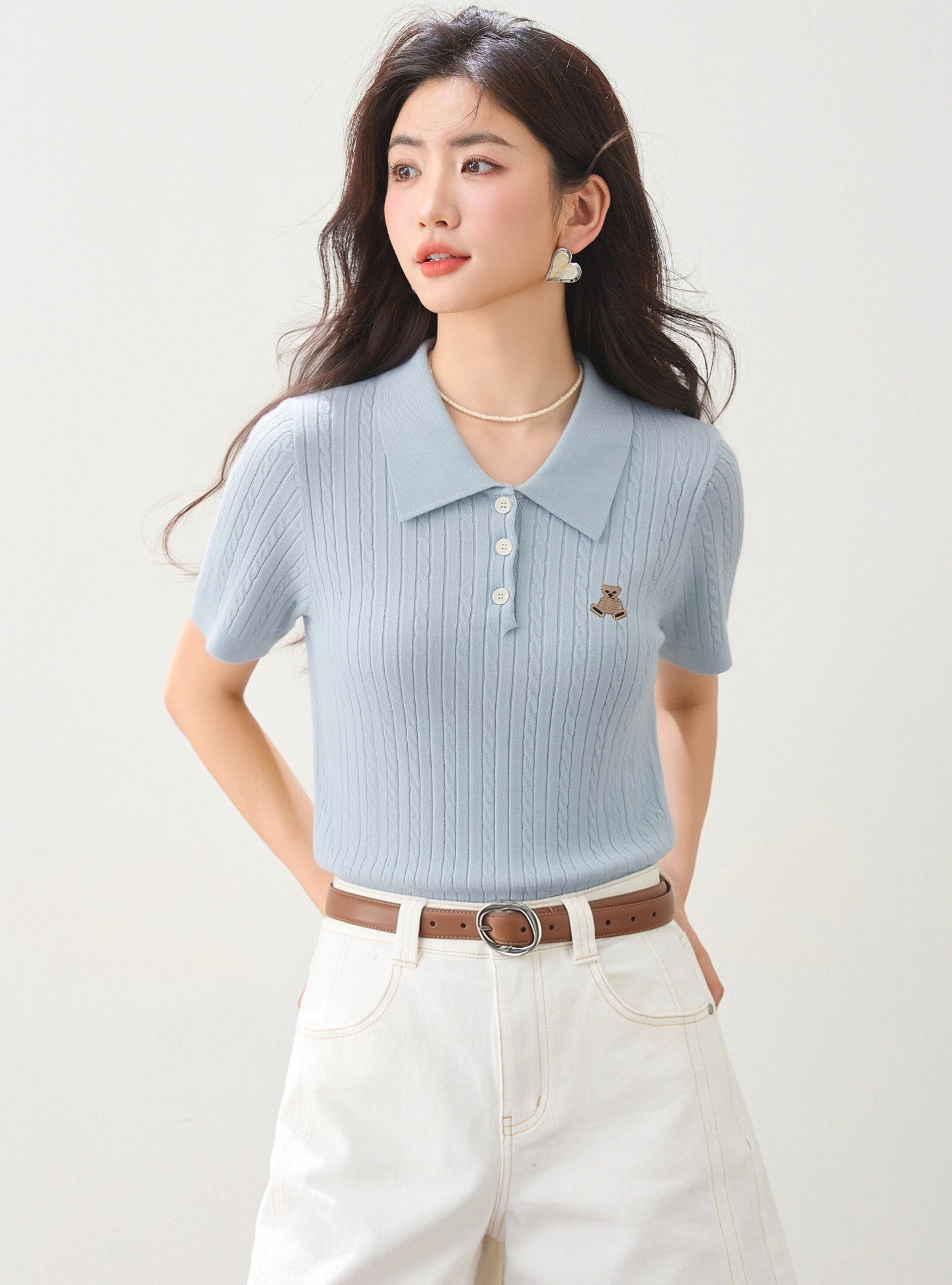 實拍◆有◆2026夏季卡通刺繡翻領針織衫短袖新款修身顯瘦短款上衣