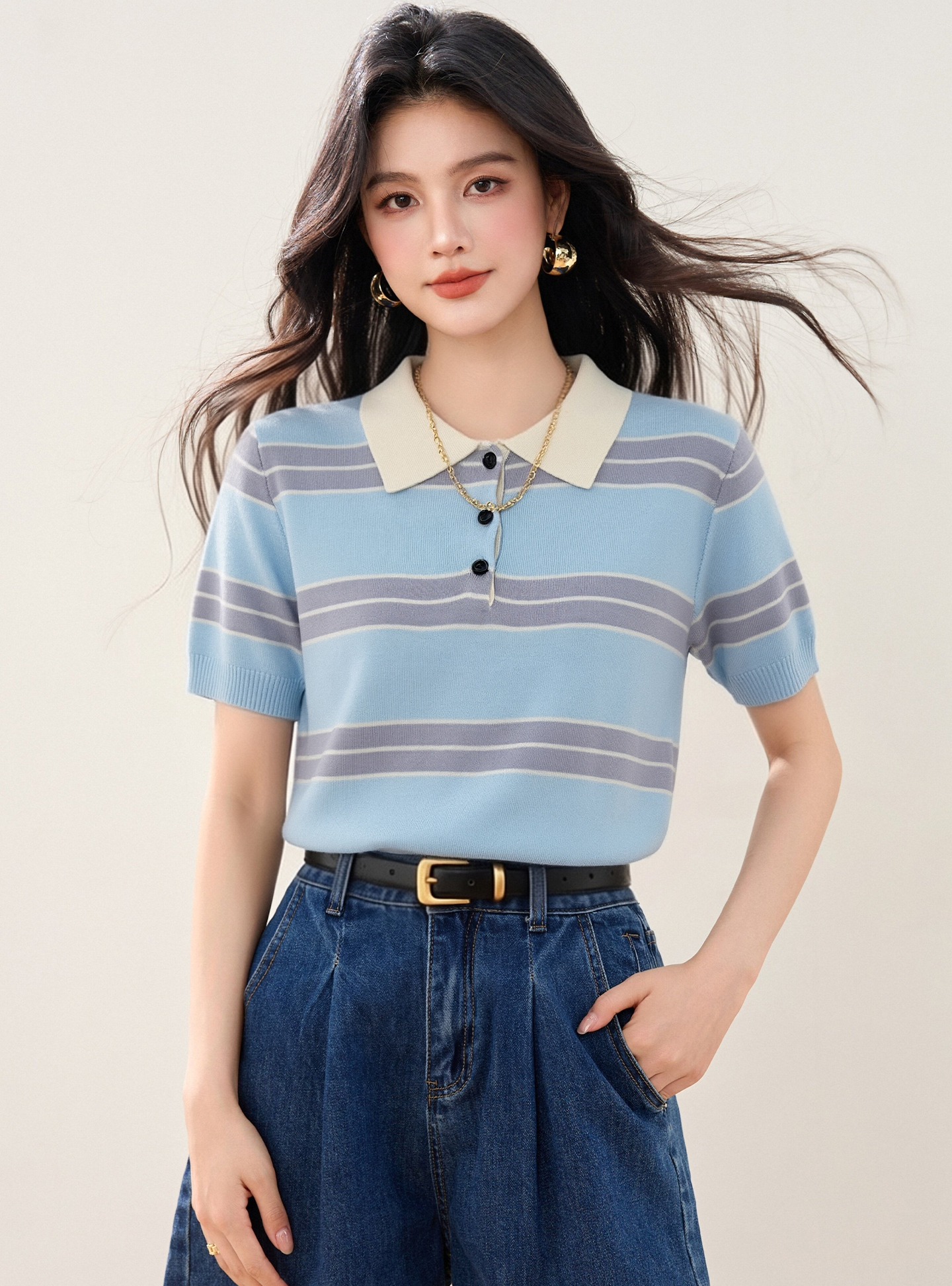 實拍◆有◆2026韓系學院風撞色條紋polo領針織T恤女夏季新款上衣