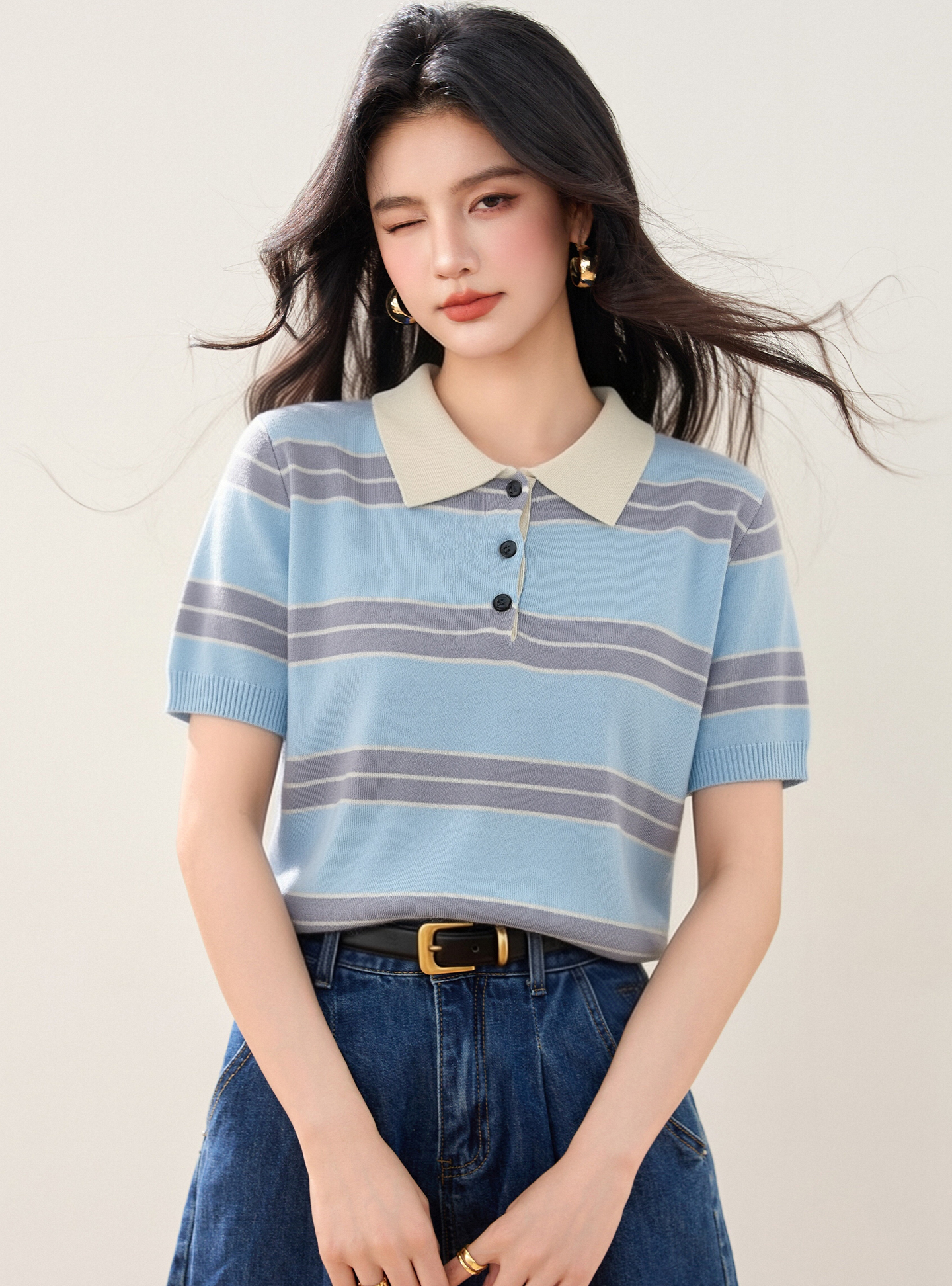 實拍◆有◆2026韓系學院風撞色條紋polo領針織T恤女夏季新款上衣
