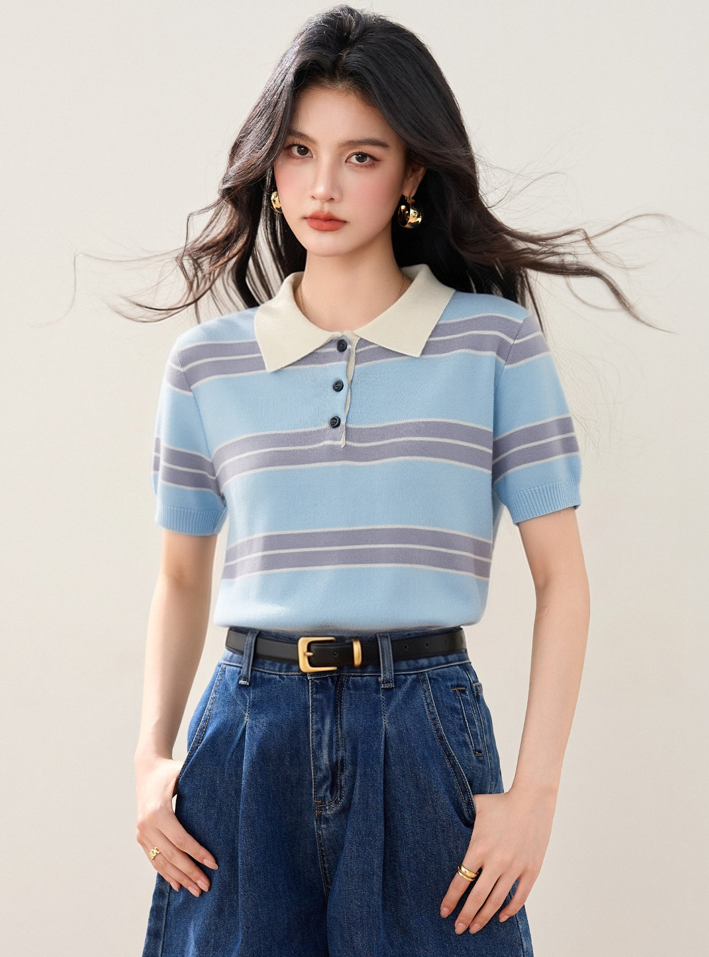實拍◆有◆2026韓系學院風撞色條紋polo領針織T恤女夏季新款上衣