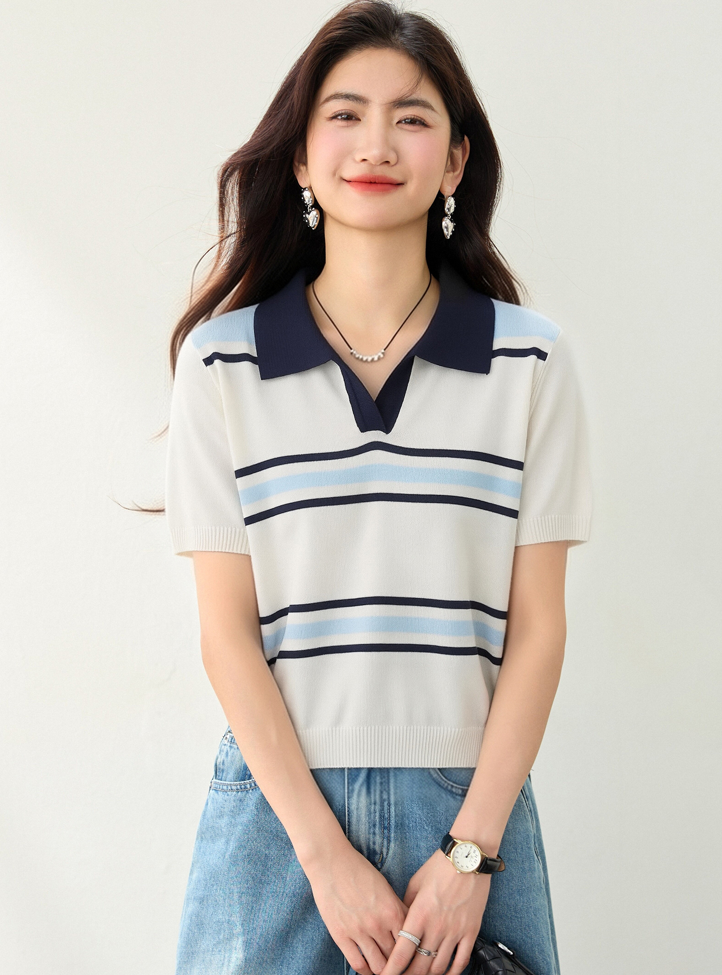 實拍◆有◆2026學院風復古條紋短袖T恤女款短款polo衫正肩上衣
