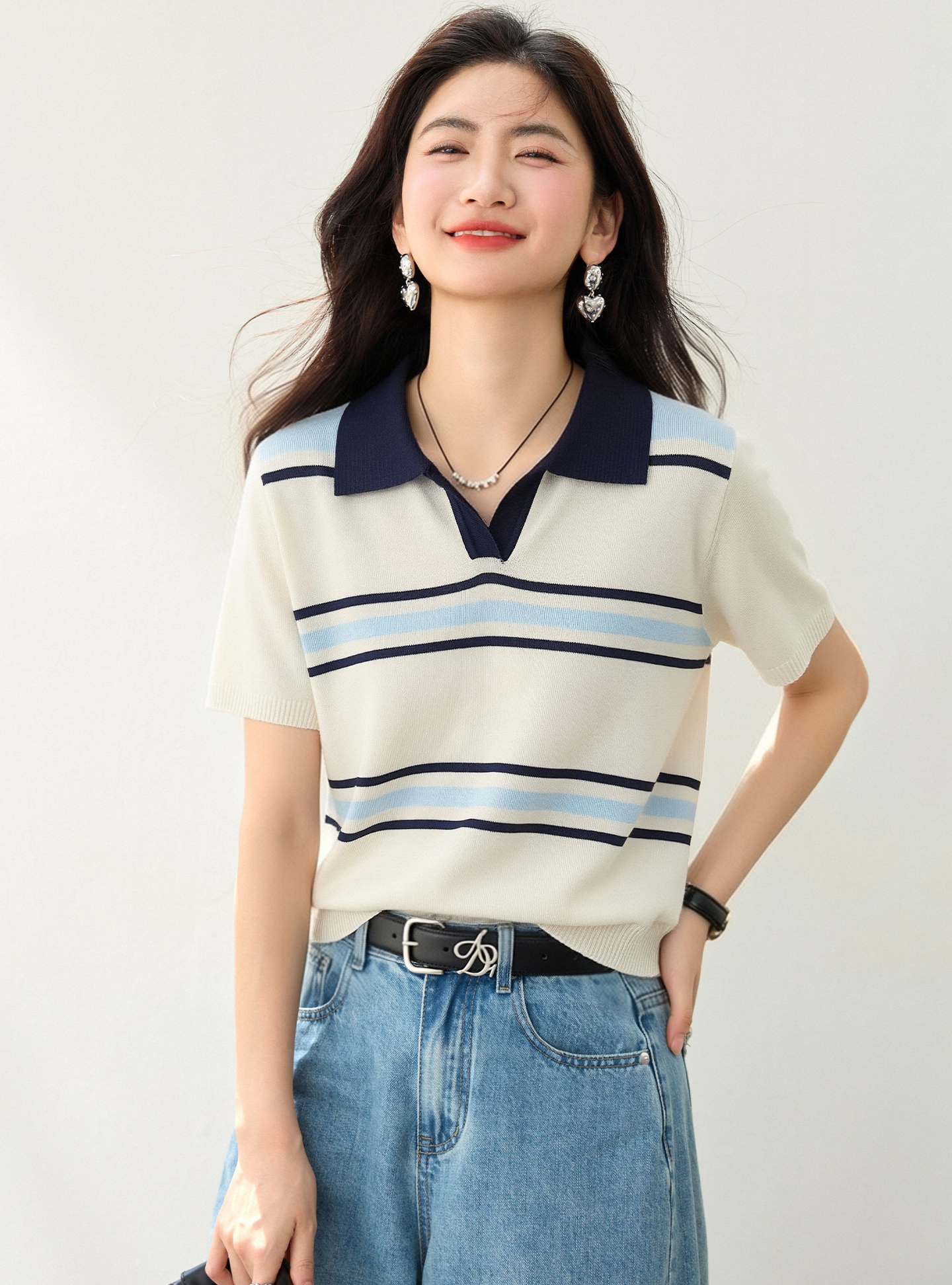 實拍◆有◆2026學院風復古條紋短袖T恤女款短款polo衫正肩上衣