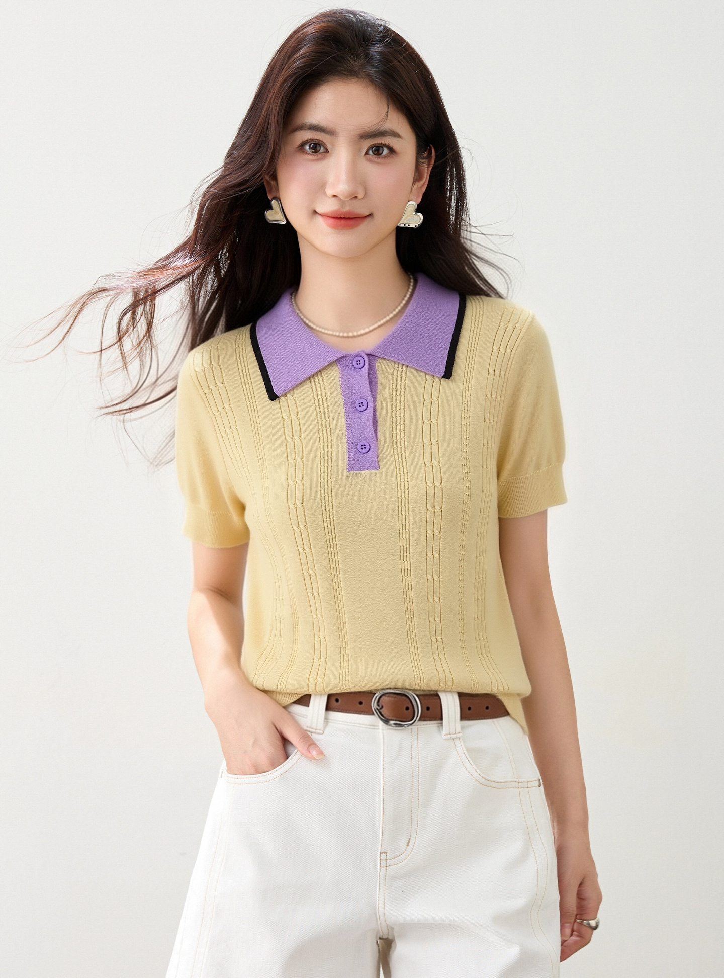 實拍◆有◆2026夏高級感撞色Polo領針織短袖T恤通勤百搭減齡上衣