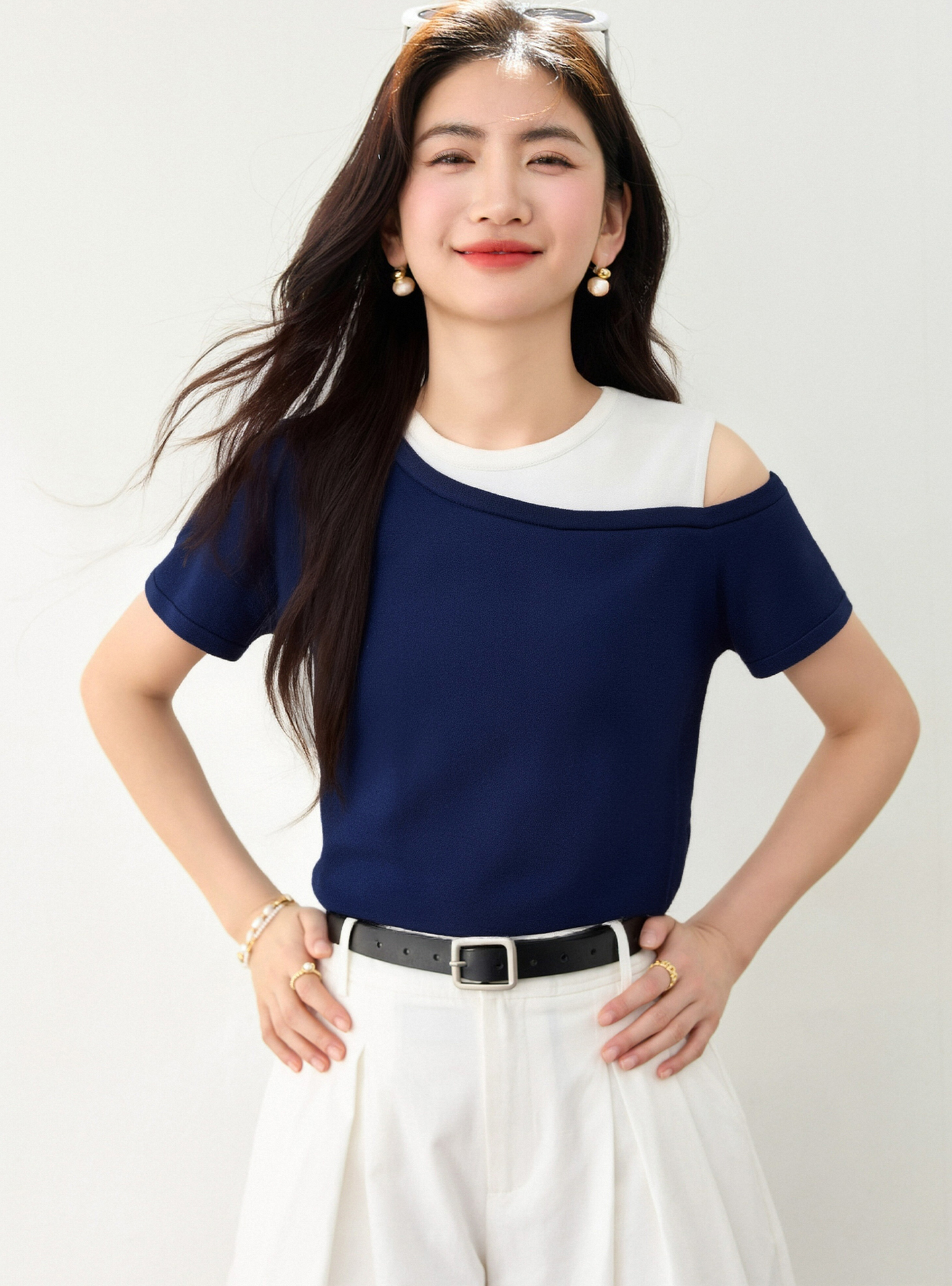實拍◆有◆2026夏季設計感撞色假兩件露肩短袖T恤女百搭顯瘦上衣