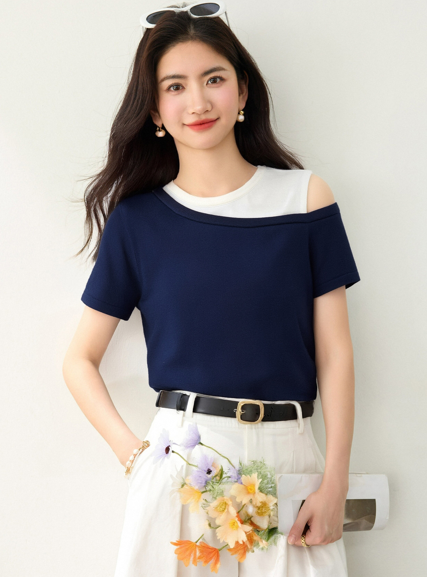 實拍◆有◆2026夏季設計感撞色假兩件露肩短袖T恤女百搭顯瘦上衣