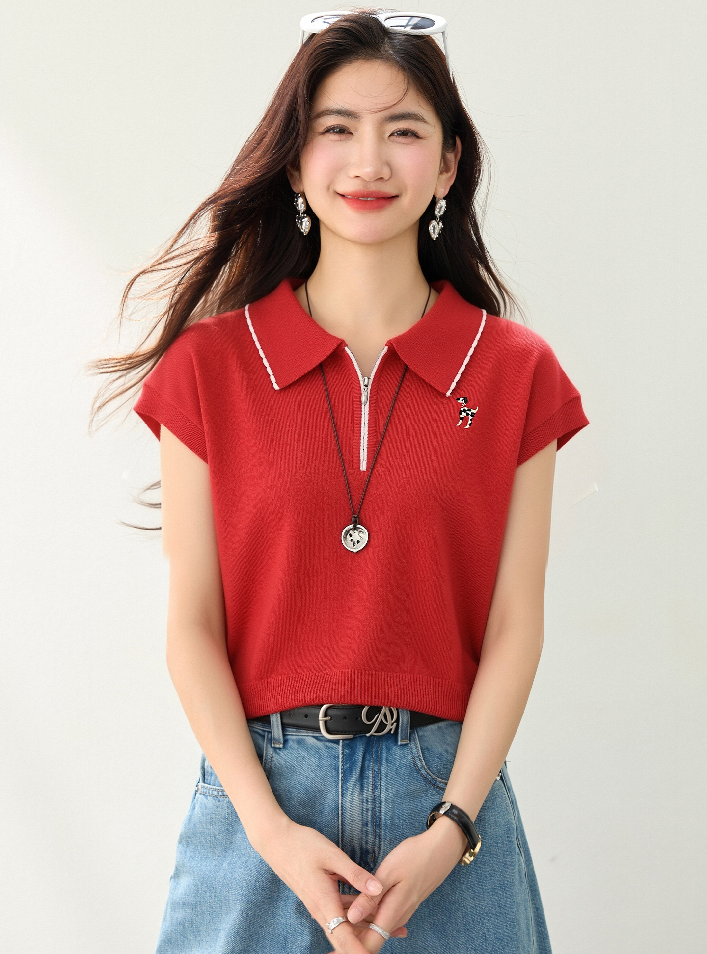 實拍◆有◆2026夏簡約休閑Polo領半拉鏈正肩短袖t恤針織短款上衣