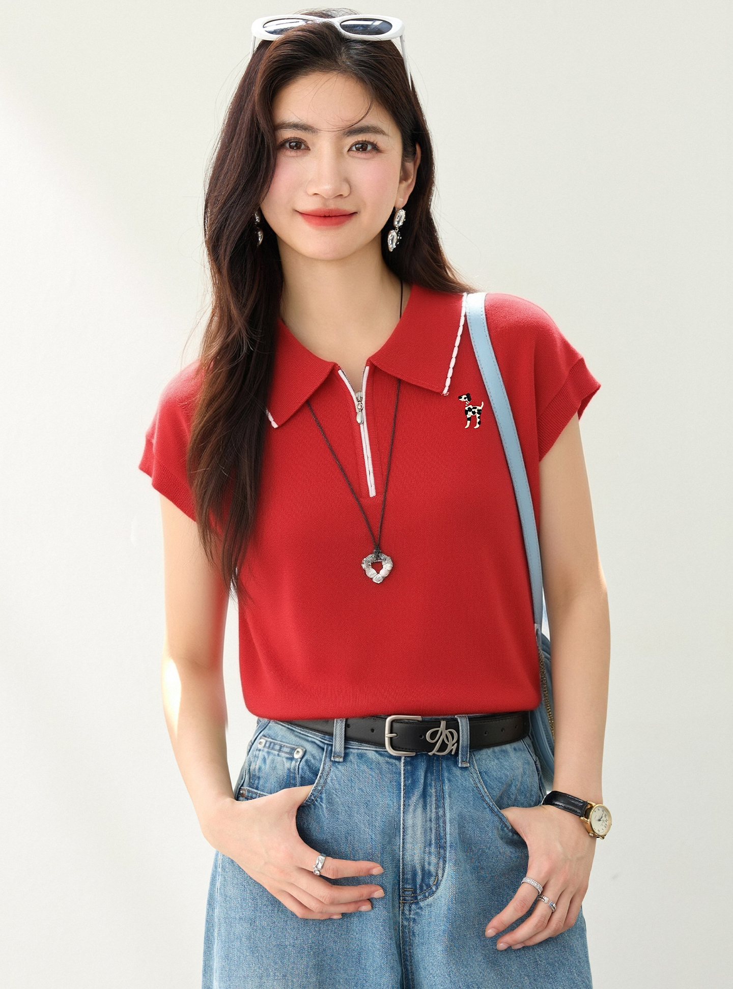 實拍◆有◆2026夏簡約休閑Polo領半拉鏈正肩短袖t恤針織短款上衣