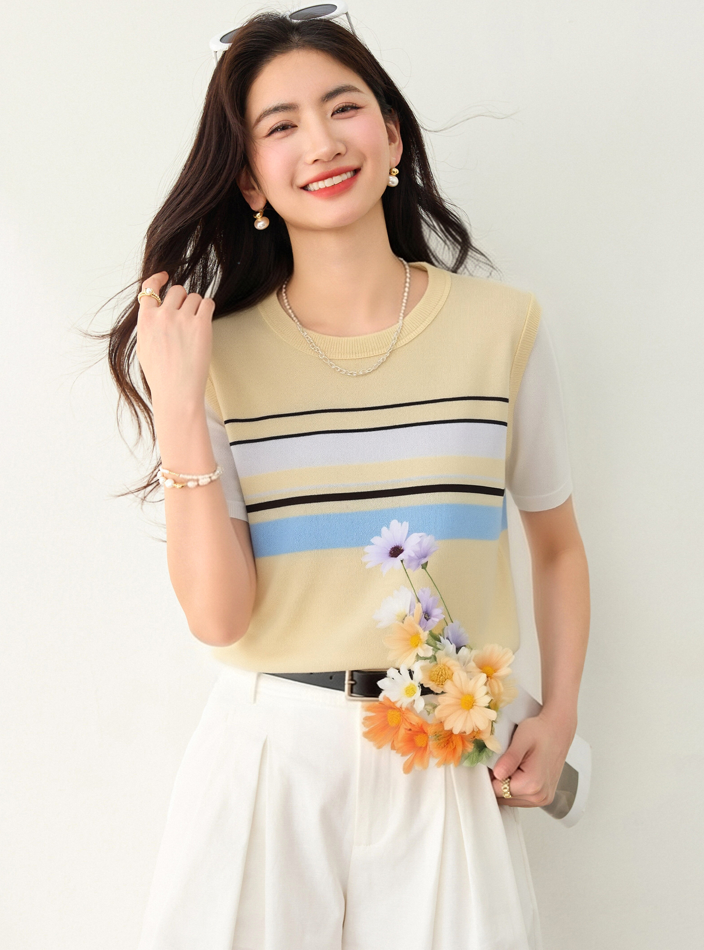實拍◆有◆2026夏撞色條紋拼接短袖假兩件新款寬松百搭設計感上衣