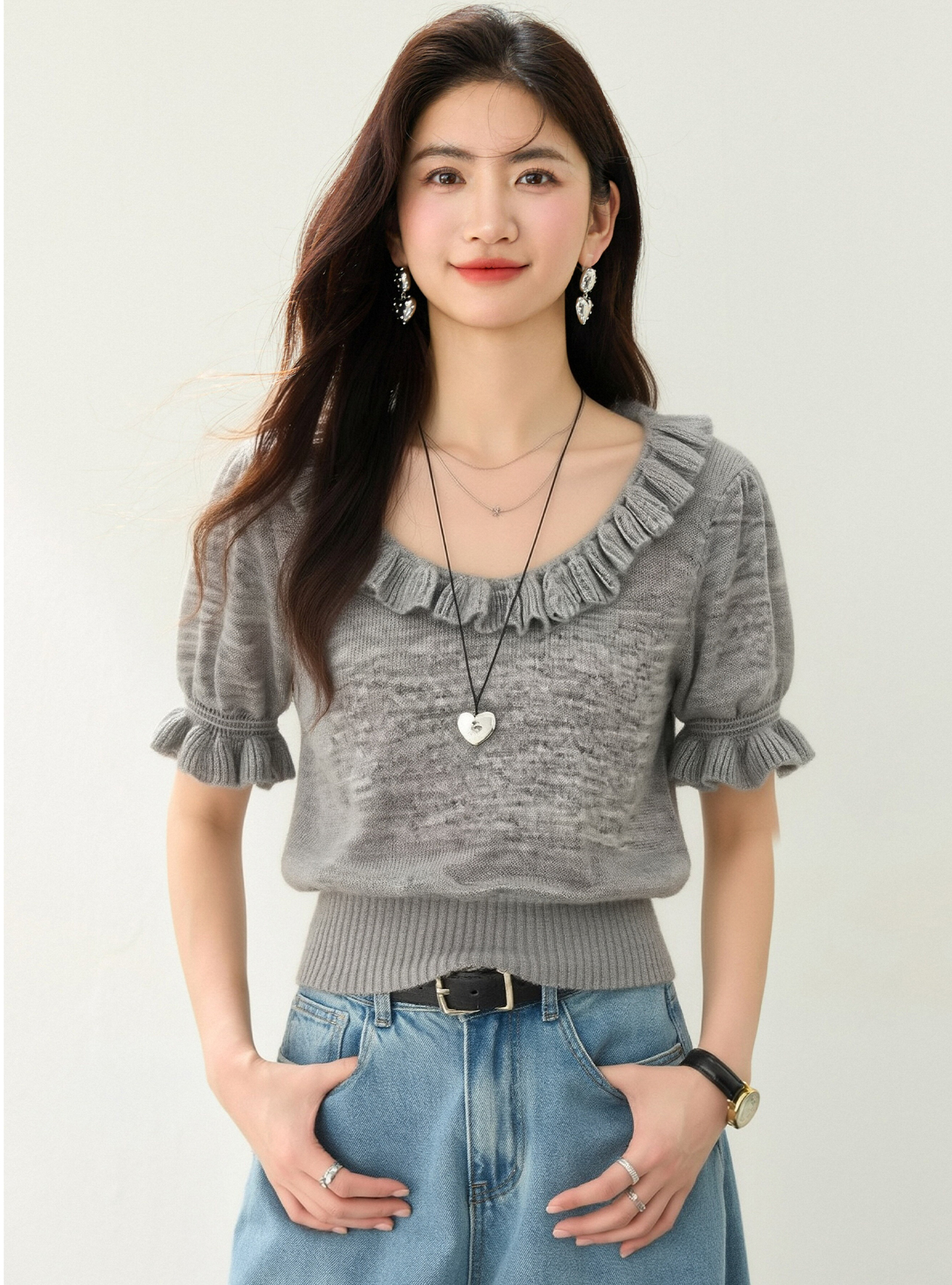 實拍◆有◆2026夏甜美風U領木耳邊短袖女新款修身顯瘦高級感上衣