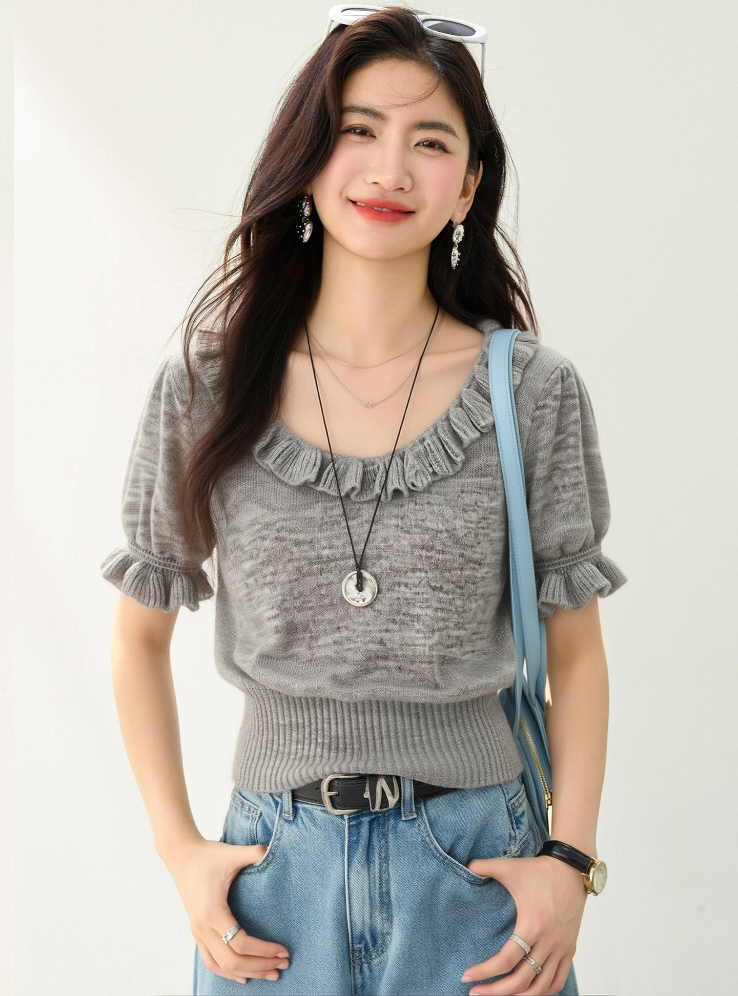 實拍◆有◆2026夏甜美風U領木耳邊短袖女新款修身顯瘦高級感上衣