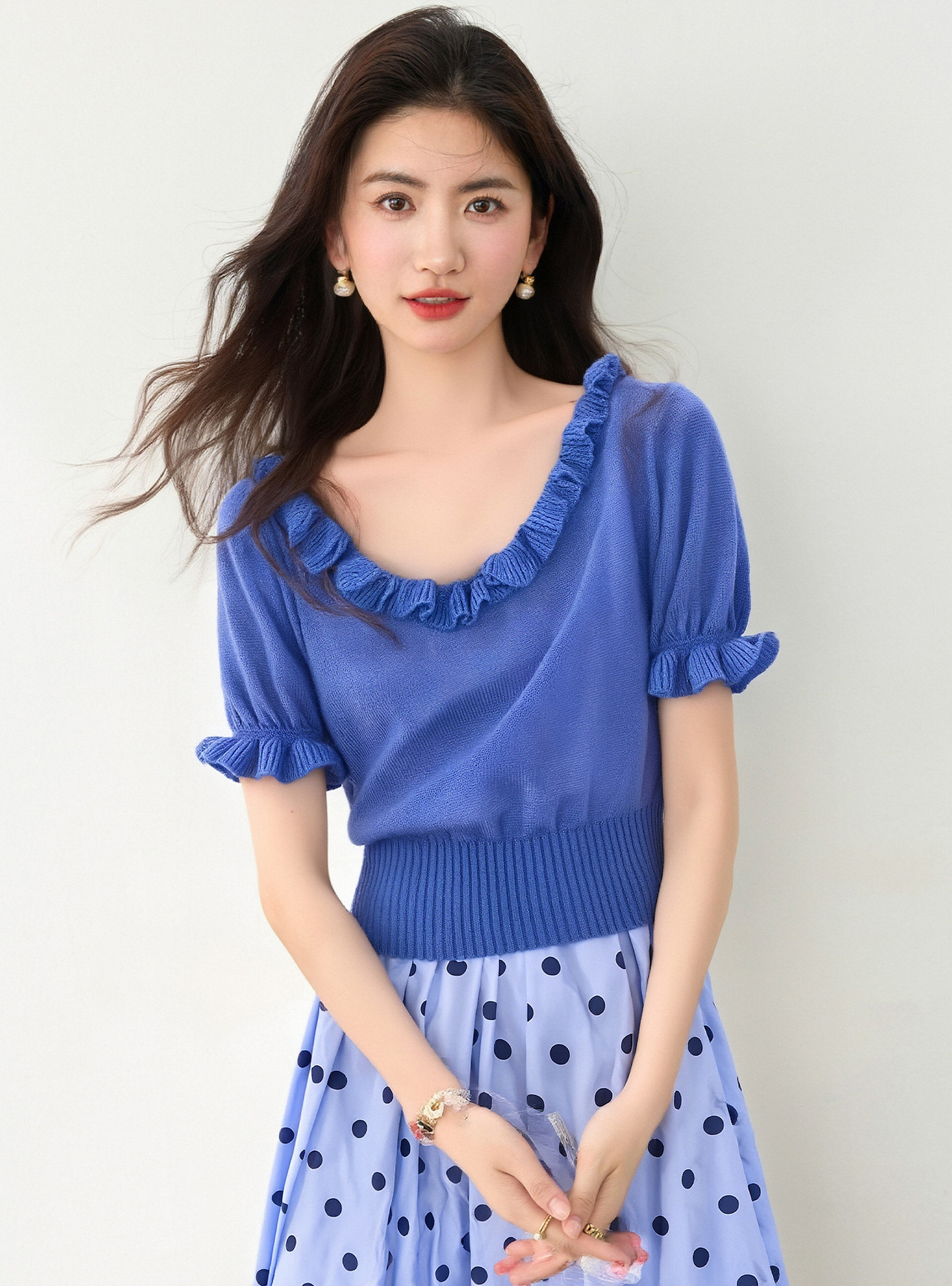 實拍◆有◆2026夏甜美風U領木耳邊短袖女新款修身顯瘦高級感上衣