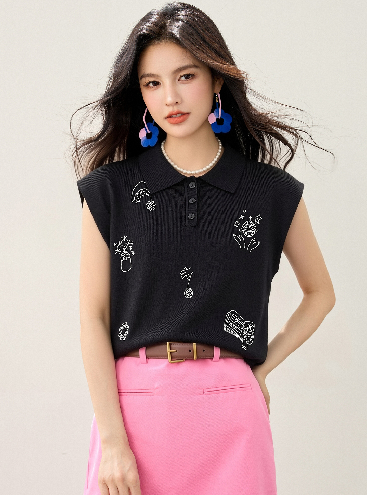 實拍◆有◆2026夏季卡通刺繡無袖polo衫女新款少女甜美短袖上衣