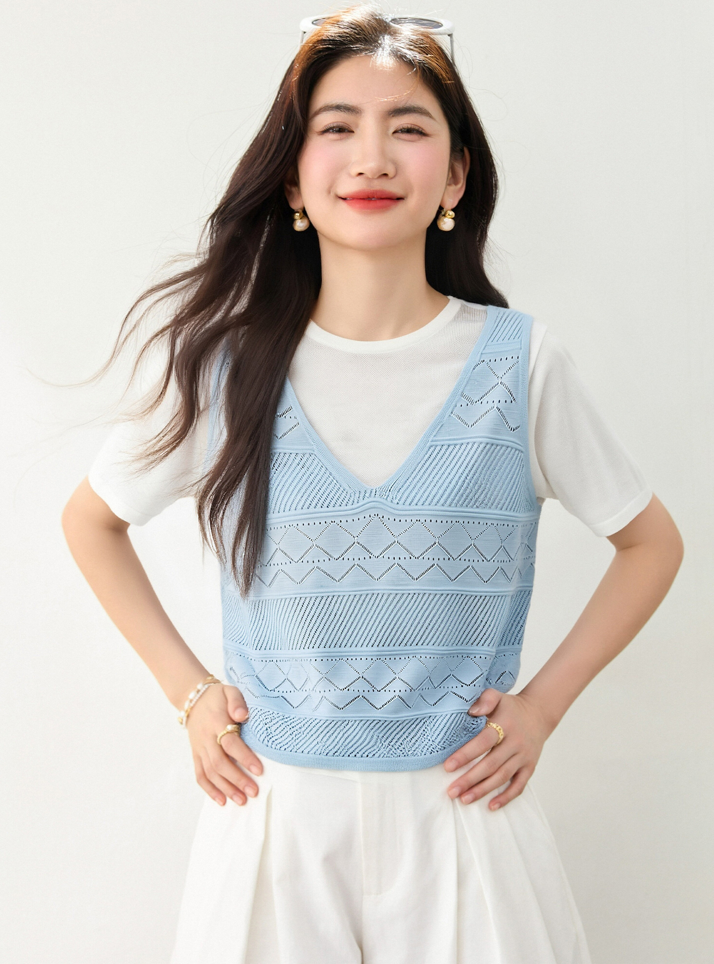 實拍◆有◆2026夏季新款時尚撞色拼接寬松圓領針織假兩件短袖上衣