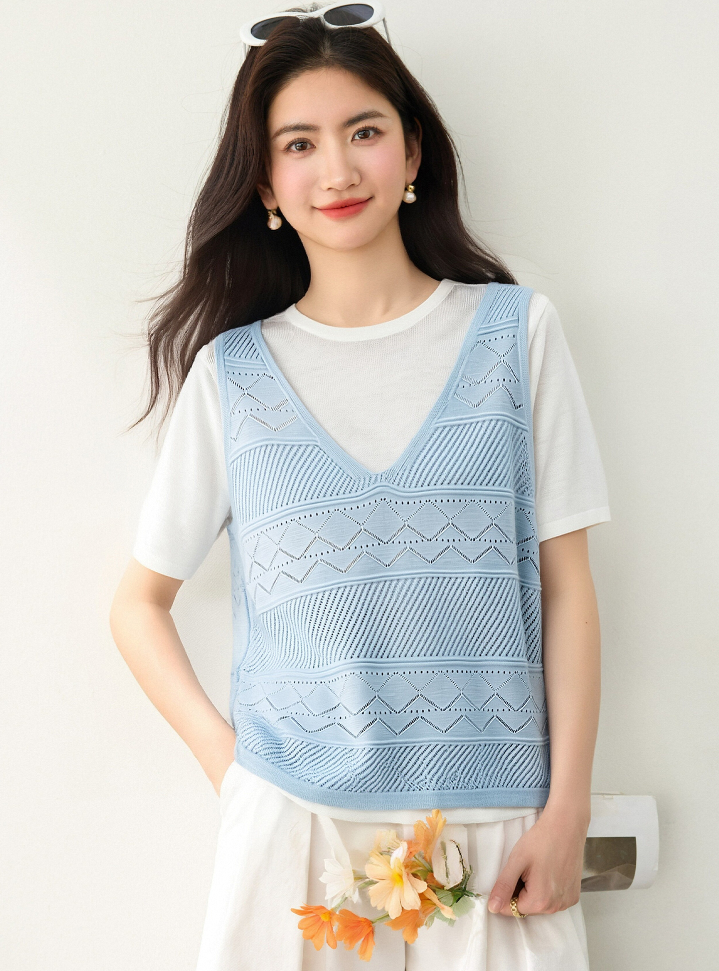 實拍◆有◆2026夏季新款時尚撞色拼接寬松圓領針織假兩件短袖上衣