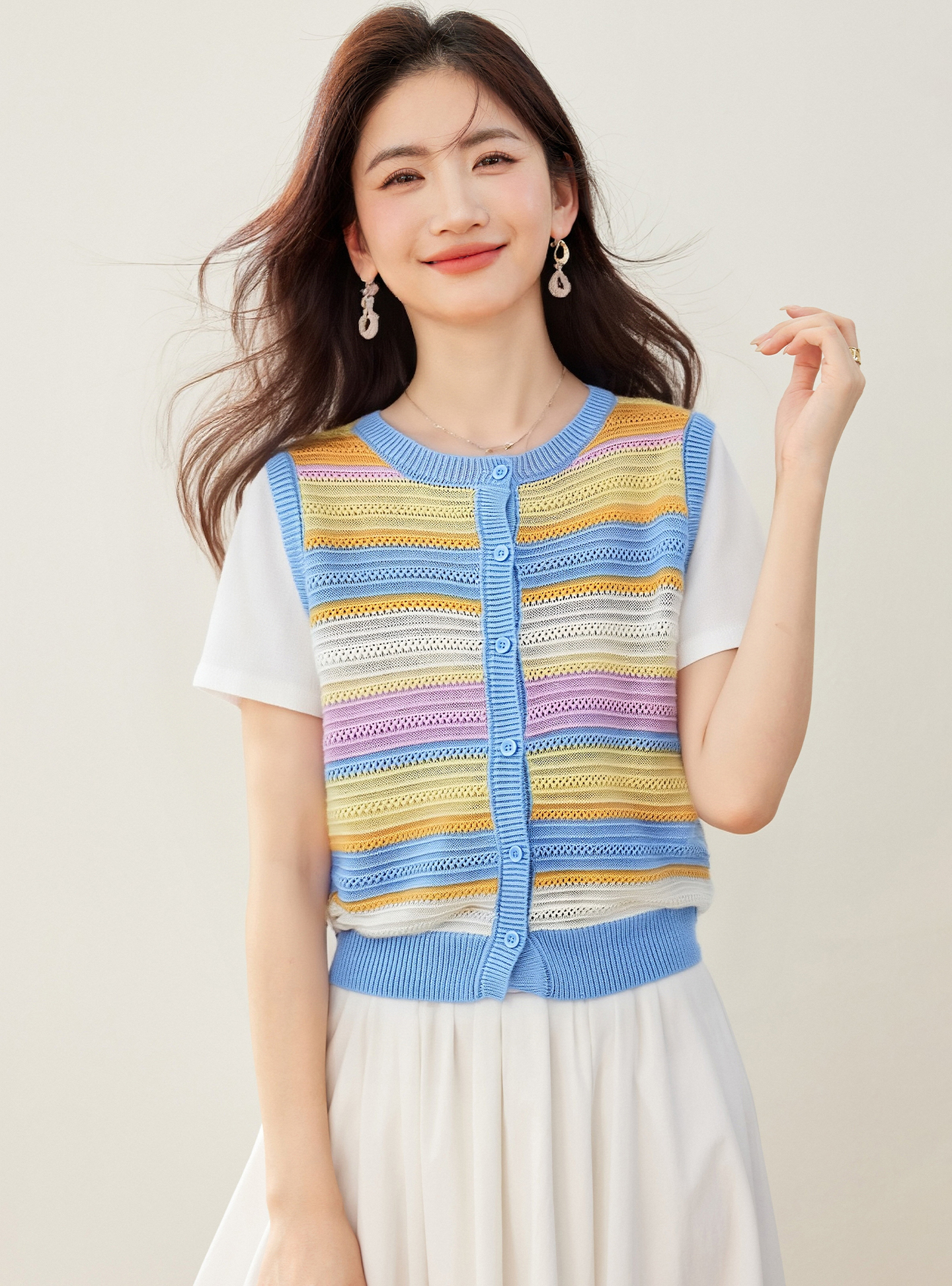 實拍◆有◆2026夏季法式彩色條紋針織馬甲背心女坎肩上衣