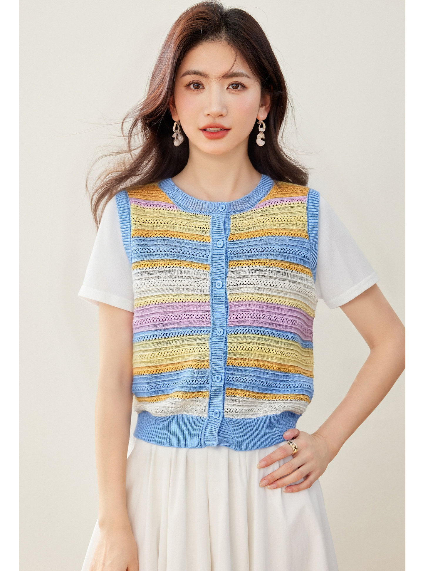 實拍◆有◆2026夏季法式彩色條紋針織馬甲背心女坎肩上衣