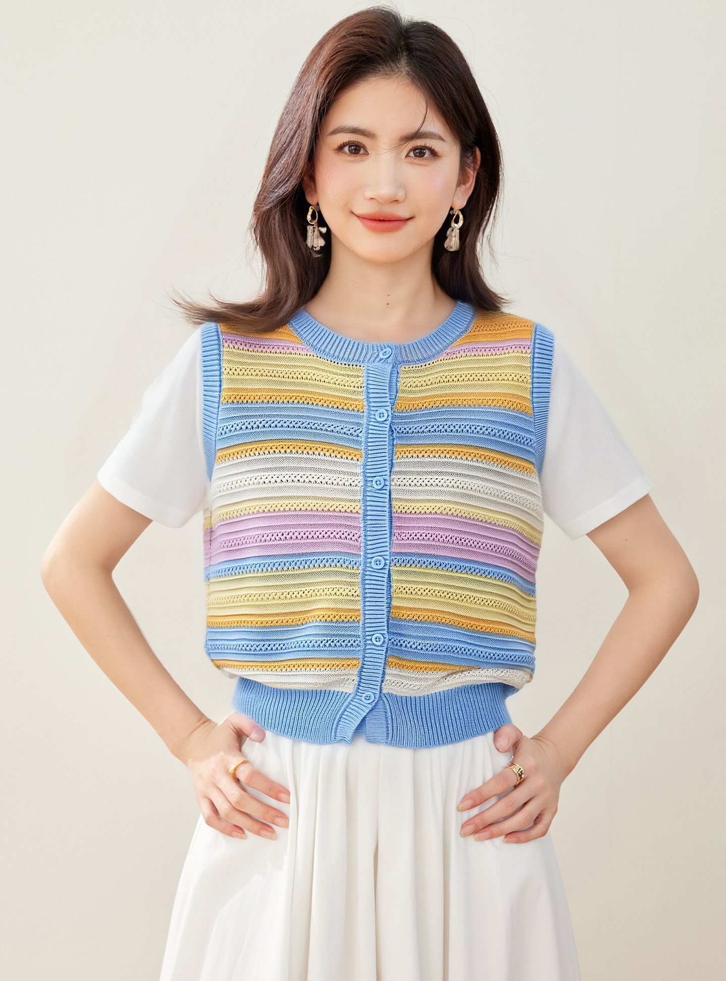 實拍◆有◆2026夏季法式彩色條紋針織馬甲背心女坎肩上衣