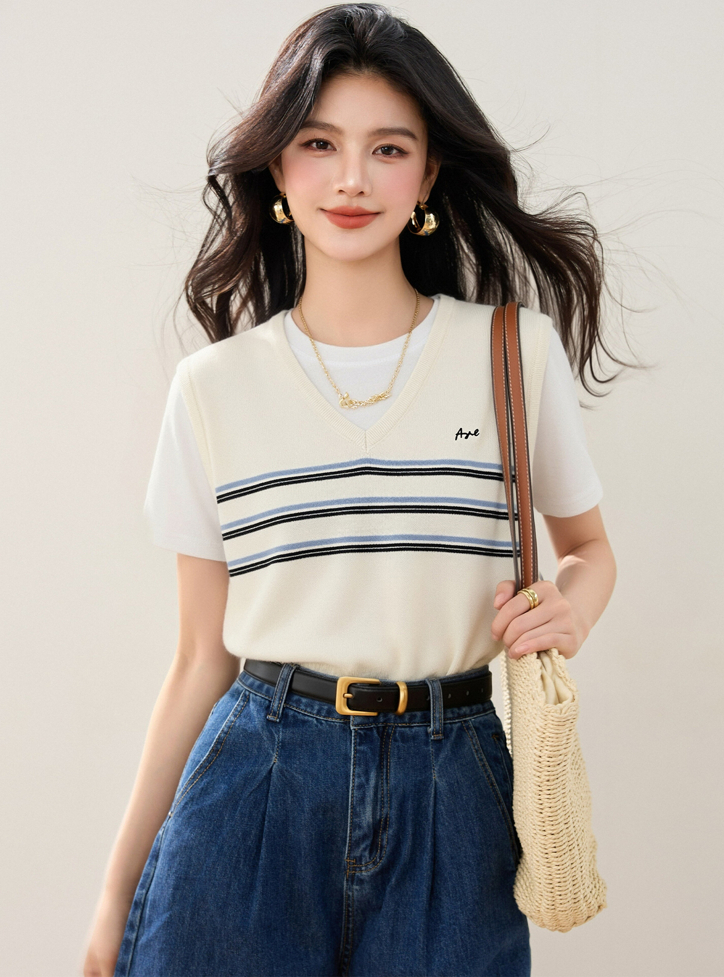 實拍◆有◆2026夏季條紋短袖圓領假兩件針織衫女新款設計感上衣