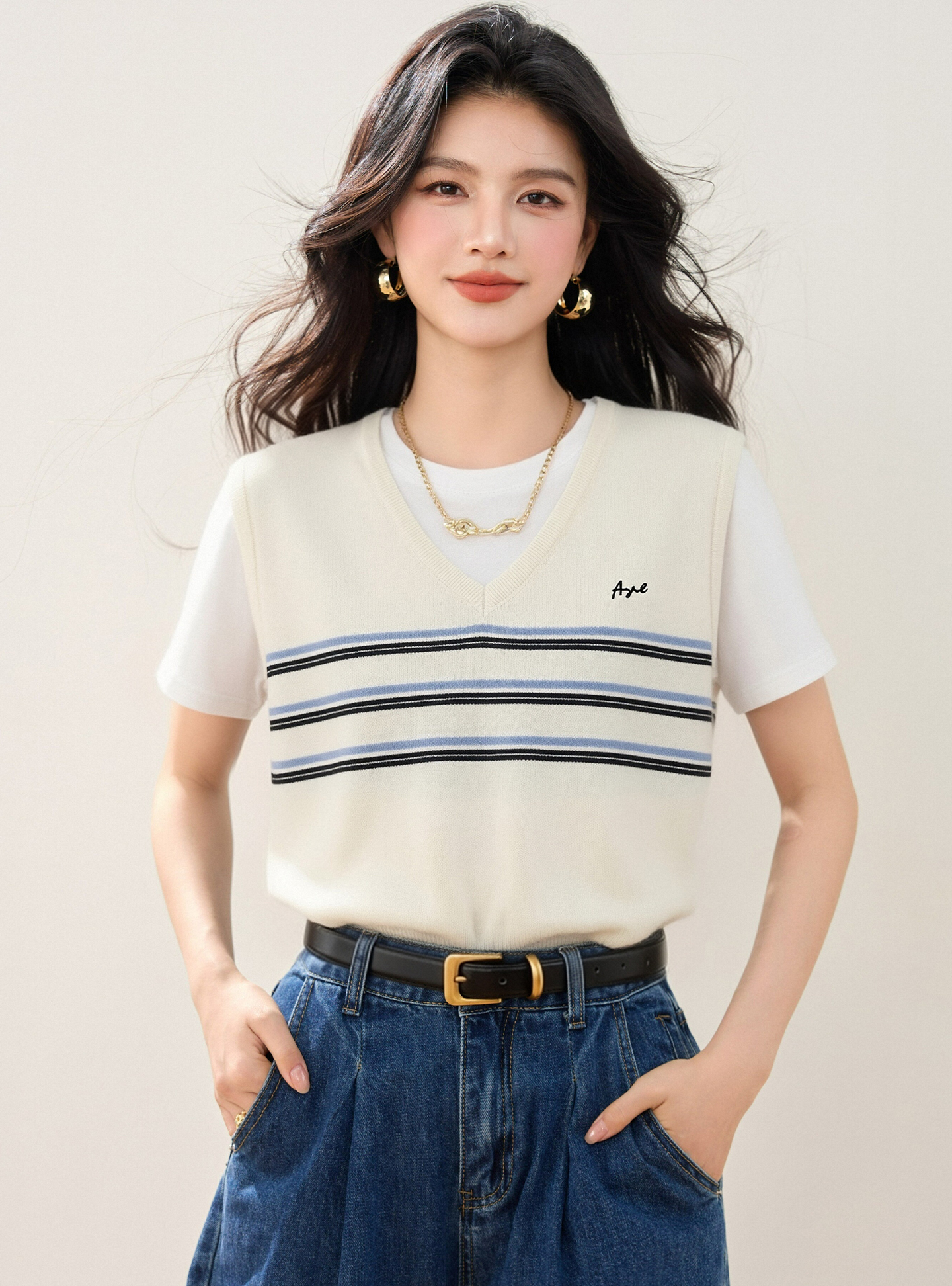 實拍◆有◆2026夏季條紋短袖圓領假兩件針織衫女新款設計感上衣