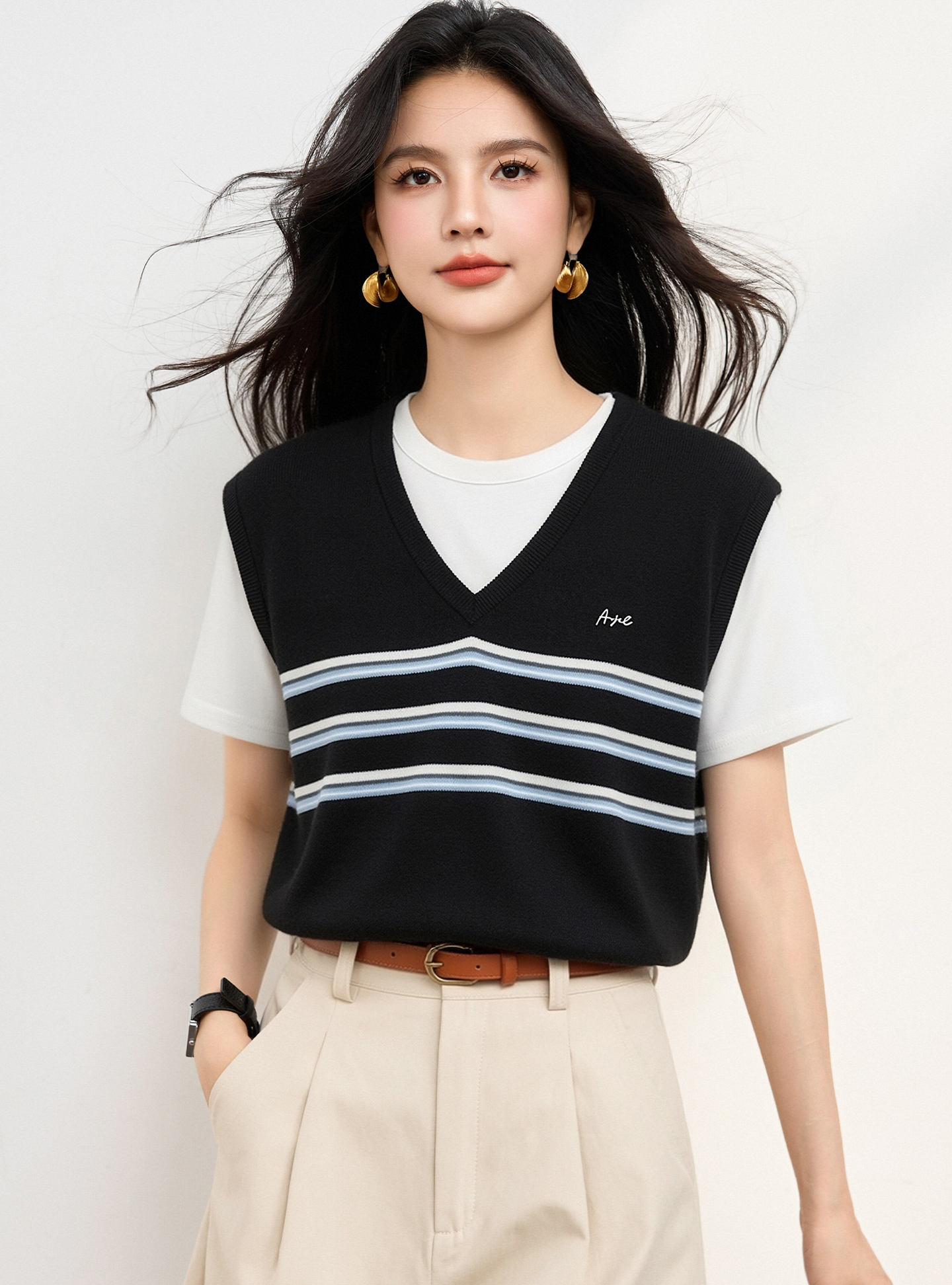 實拍◆有◆2026夏季條紋短袖圓領假兩件針織衫女新款設計感上衣