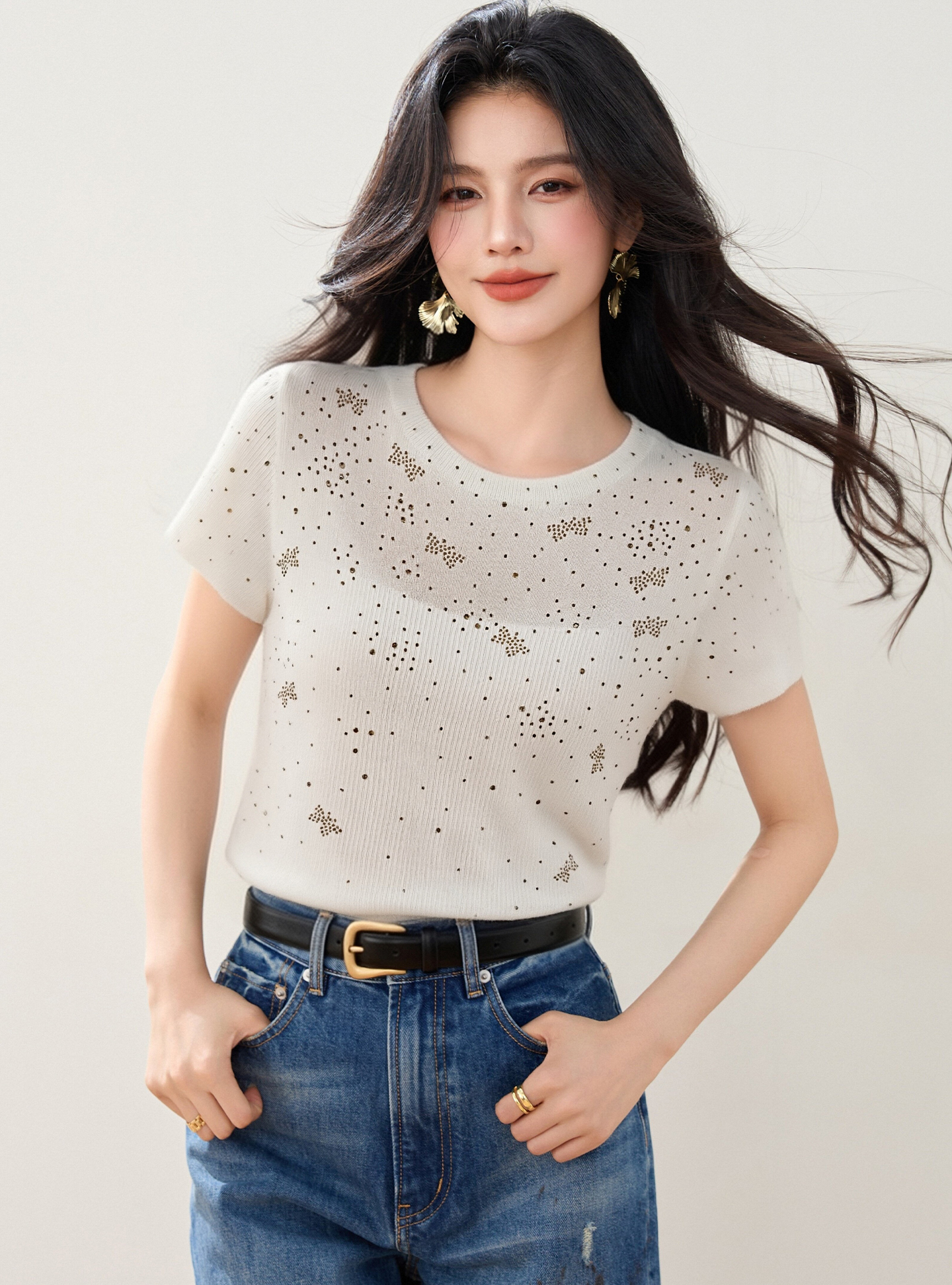 實拍◆有◆2026夏季圓領蝴蝶燙鉆無袖軟糯針織衫女修身顯瘦上衣潮