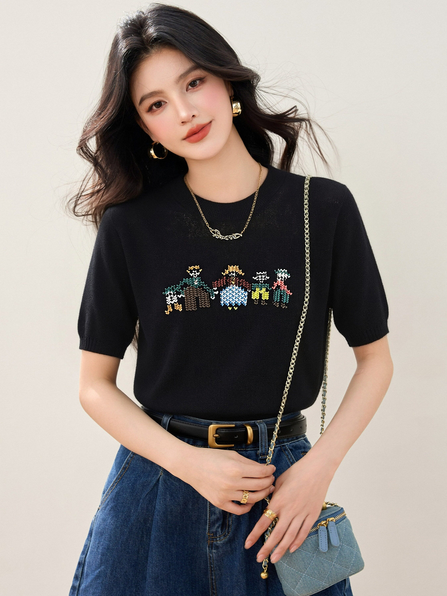 實拍◆有◆2026卡通刺繡短袖針織女新款設計感減齡寬松顯瘦上衣