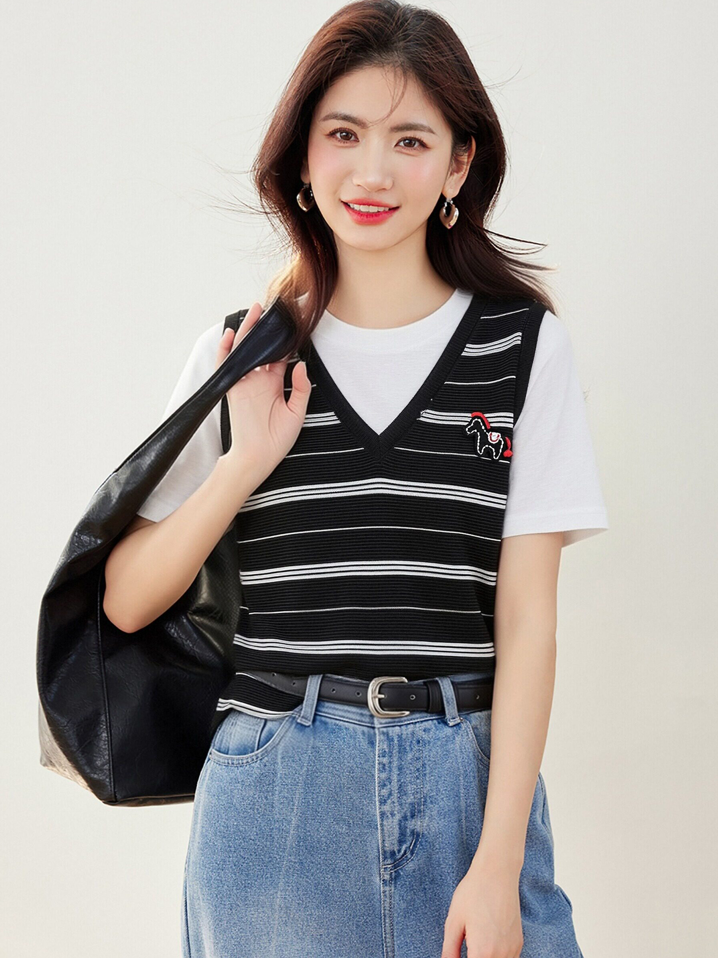 實拍◆有◆2026復古條紋風假兩件針織短袖T恤女設計感V領撞色上衣