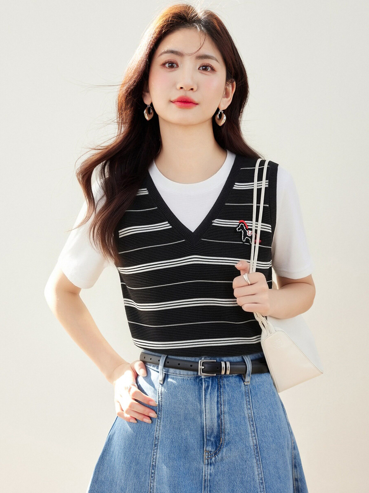 實拍◆有◆2026復古條紋風假兩件針織短袖T恤女設計感V領撞色上衣