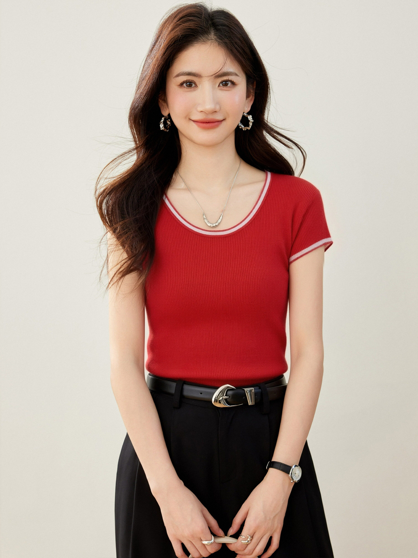 實拍◆有◆2026u領正肩針織短袖t恤女夏季修身短款上衣
