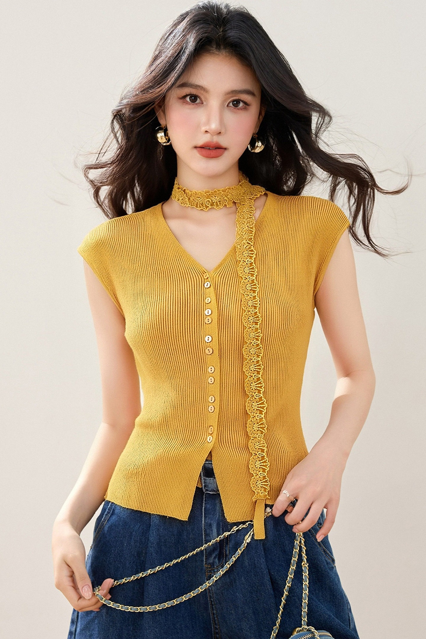 實拍◆有◆2026法式蕾絲飄帶v領坎肩針織衫女夏甜辣風小飛袖上衣
