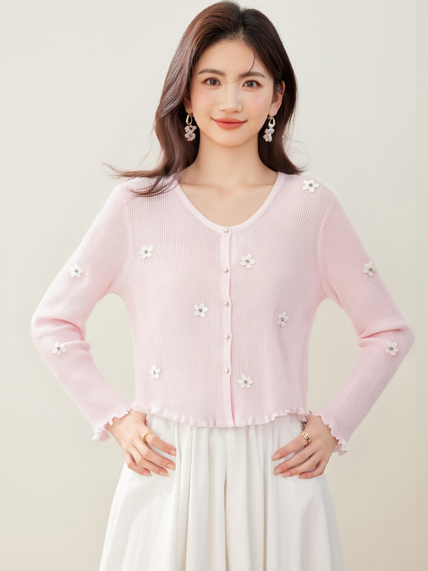 實拍◆有◆2026甜美風V領針織花朵刺繡蕾絲邊開衫百搭顯瘦毛衣女