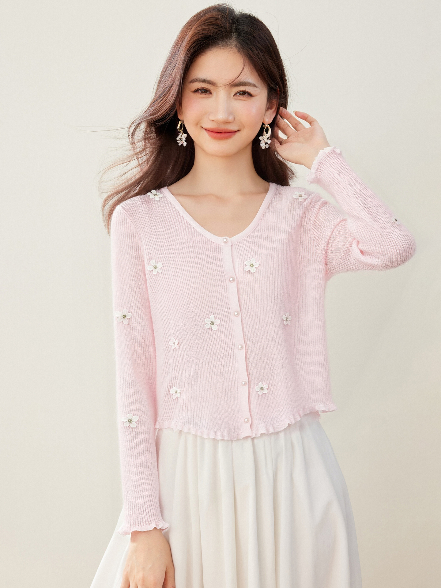 實拍◆有◆2026甜美風V領針織花朵刺繡蕾絲邊開衫百搭顯瘦毛衣女