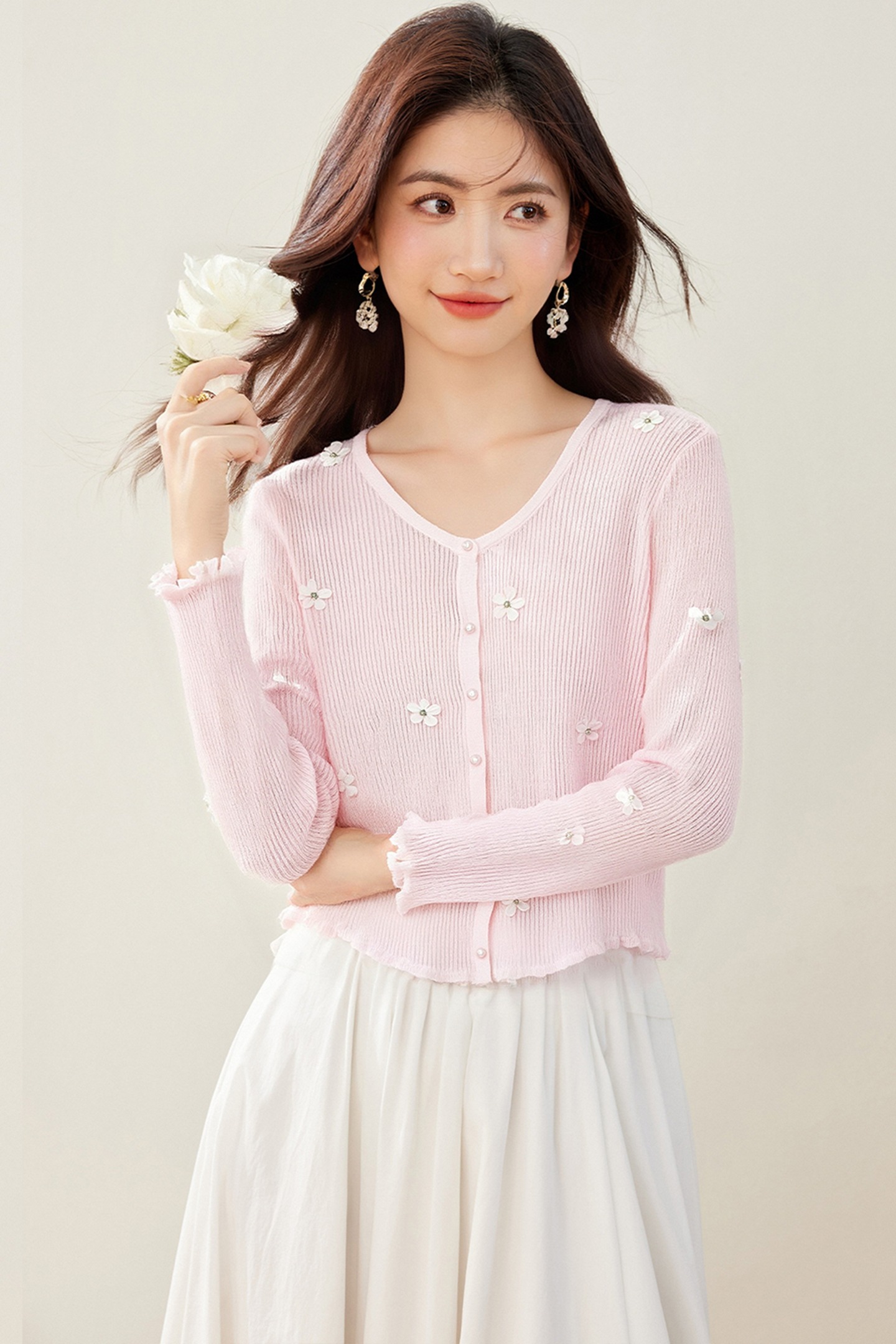 實拍◆有◆2026甜美風V領針織花朵刺繡蕾絲邊開衫百搭顯瘦毛衣女